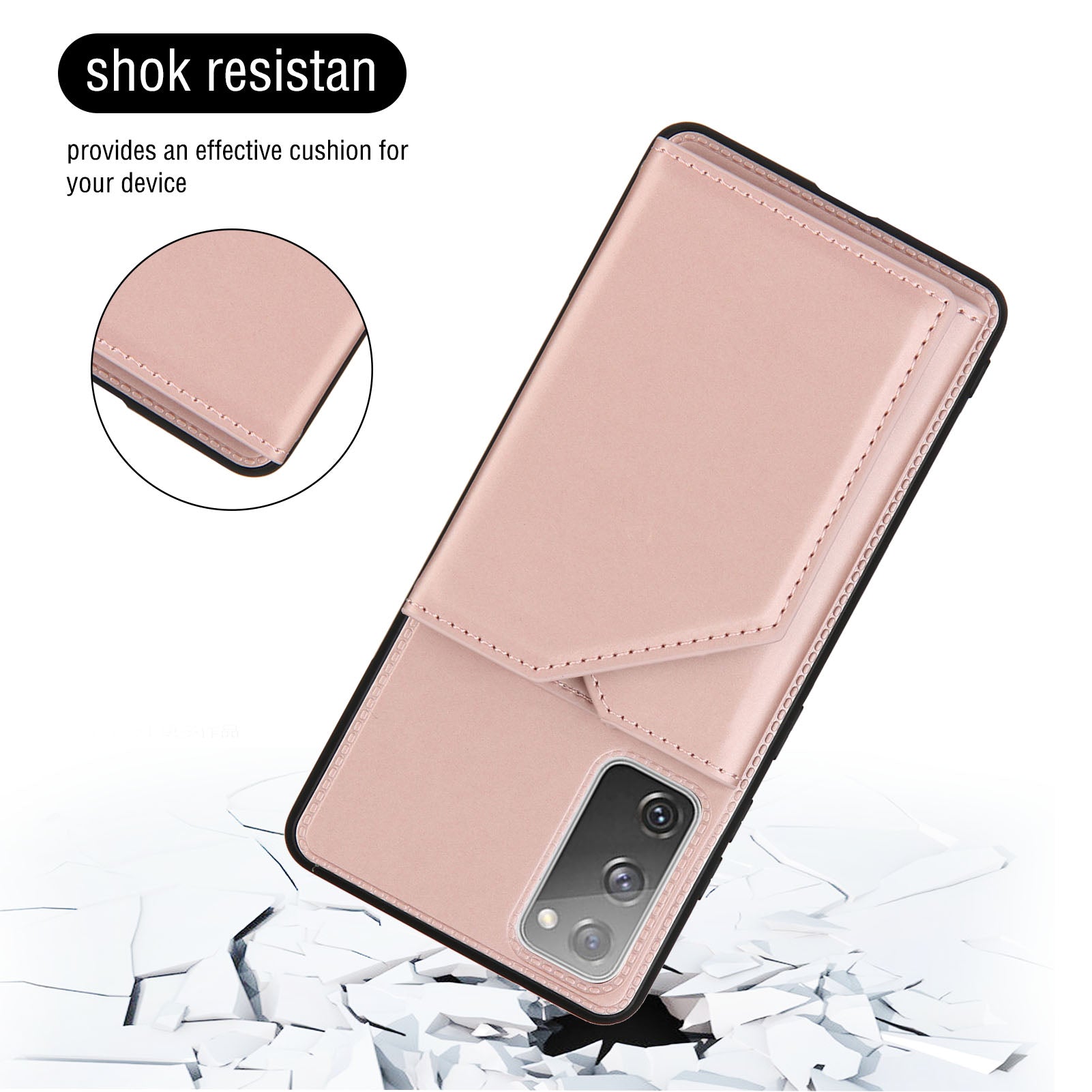 Stand Card Holder Rubberized Leather Skin TPU Phone Shell for Samsung Galaxy S20 FE 4G/FE 5G/S20 Lite/S20 FE 2022 - Rose Gold