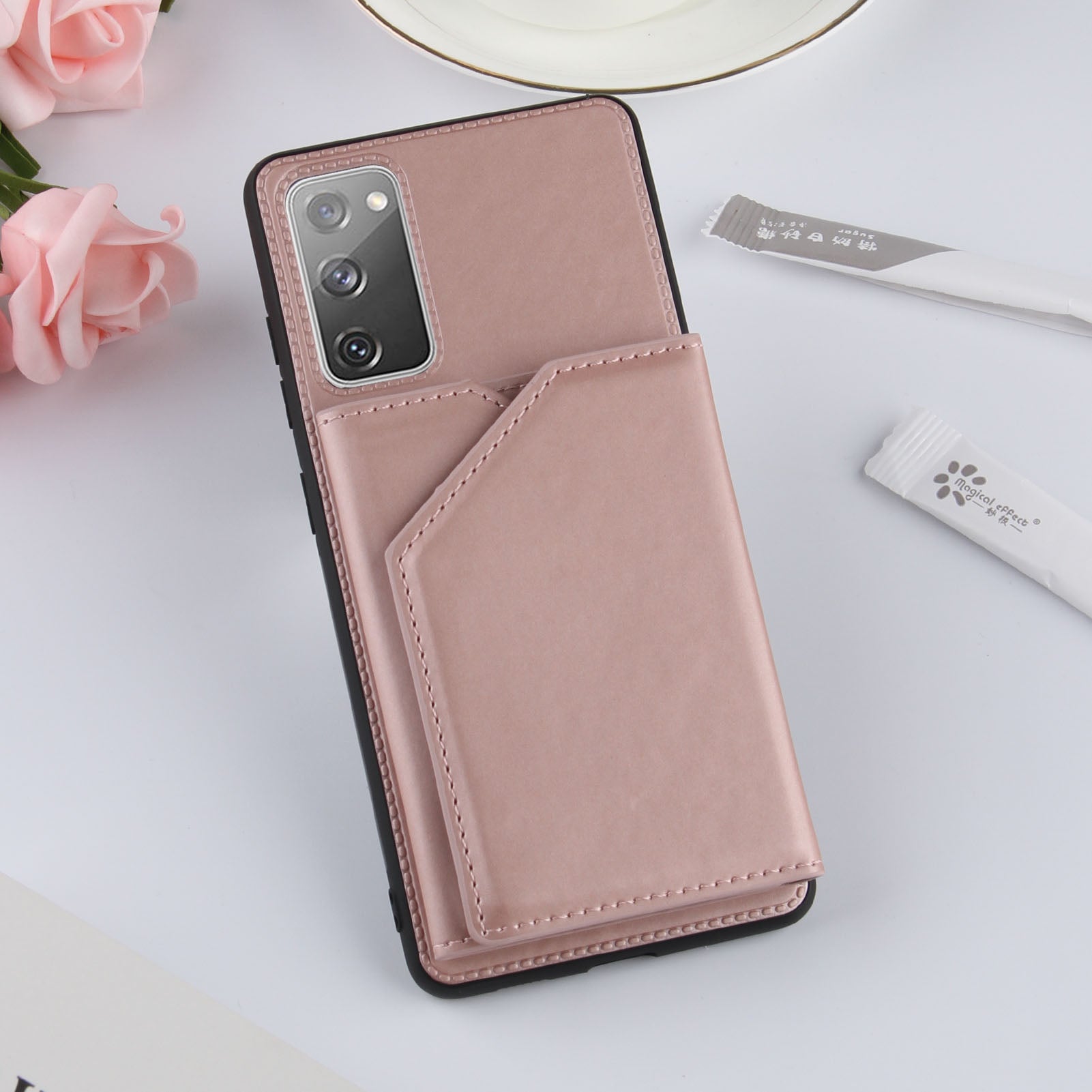 Stand Card Holder Rubberized Leather Skin TPU Phone Shell for Samsung Galaxy S20 FE 4G/FE 5G/S20 Lite/S20 FE 2022 - Rose Gold