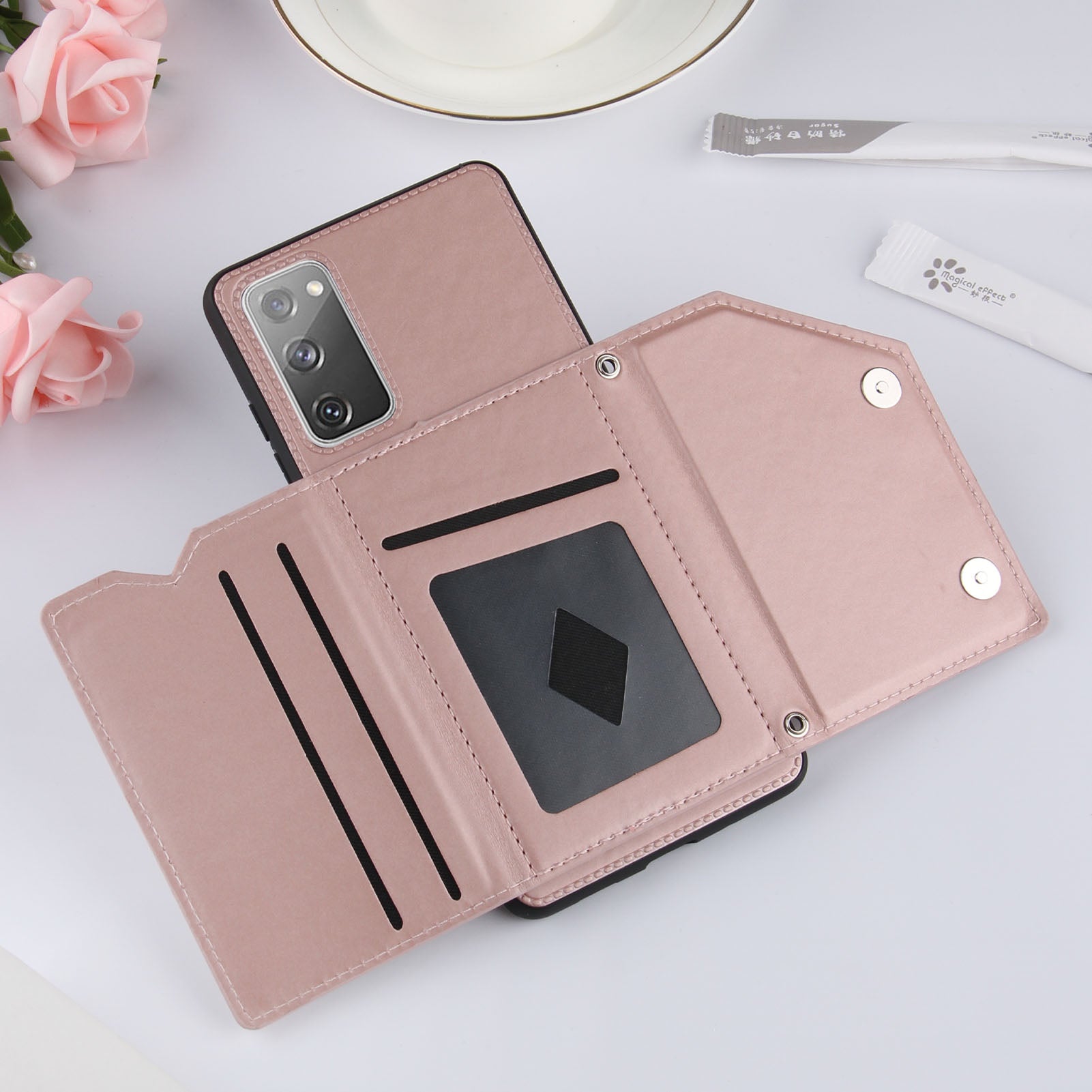 Stand Card Holder Rubberized Leather Skin TPU Phone Shell for Samsung Galaxy S20 FE 4G/FE 5G/S20 Lite/S20 FE 2022 - Rose Gold