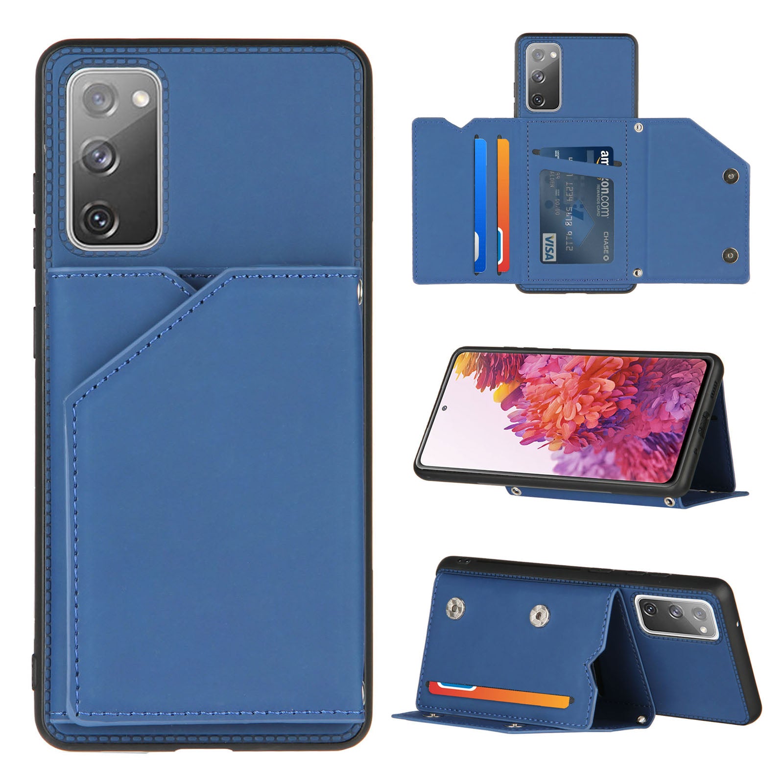 Stand Card Holder Rubberized Leather Skin TPU Phone Shell for Samsung Galaxy S20 FE 4G/FE 5G/S20 Lite/S20 FE 2022 - Blue