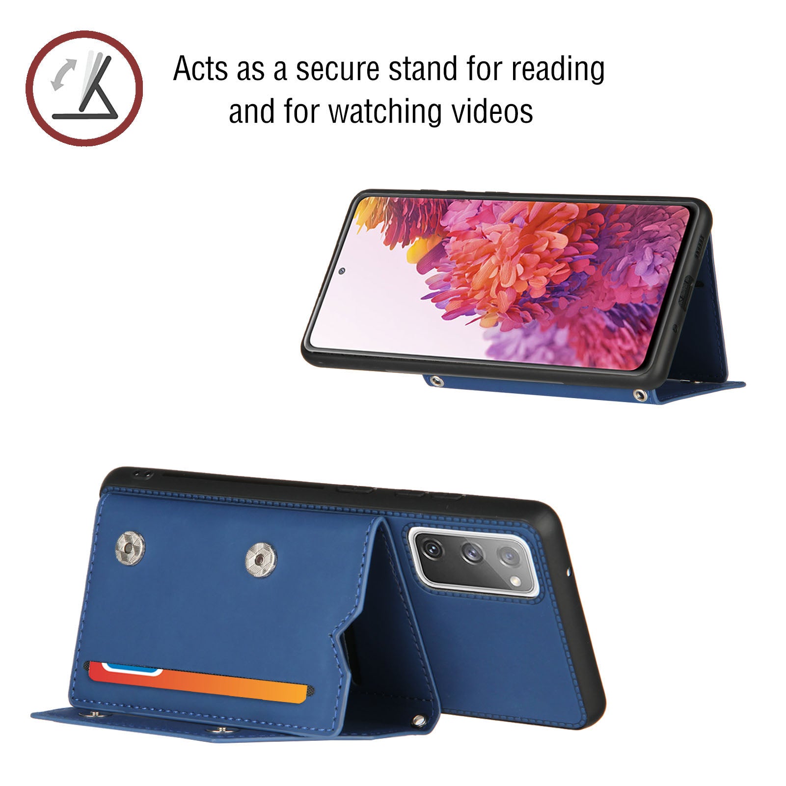 Stand Card Holder Rubberized Leather Skin TPU Phone Shell for Samsung Galaxy S20 FE 4G/FE 5G/S20 Lite/S20 FE 2022 - Blue