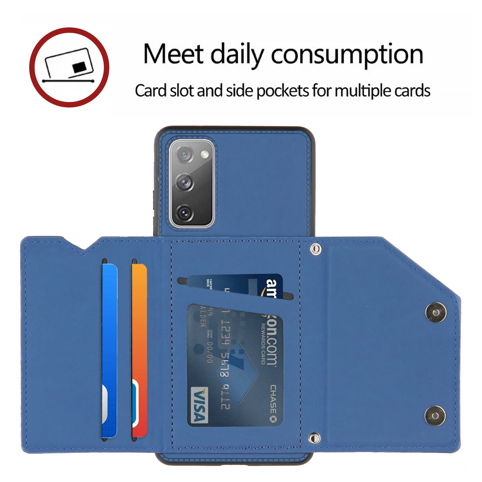 Stand Card Holder Rubberized Leather Skin TPU Phone Shell for Samsung Galaxy S20 FE 4G/FE 5G/S20 Lite/S20 FE 2022 - Blue