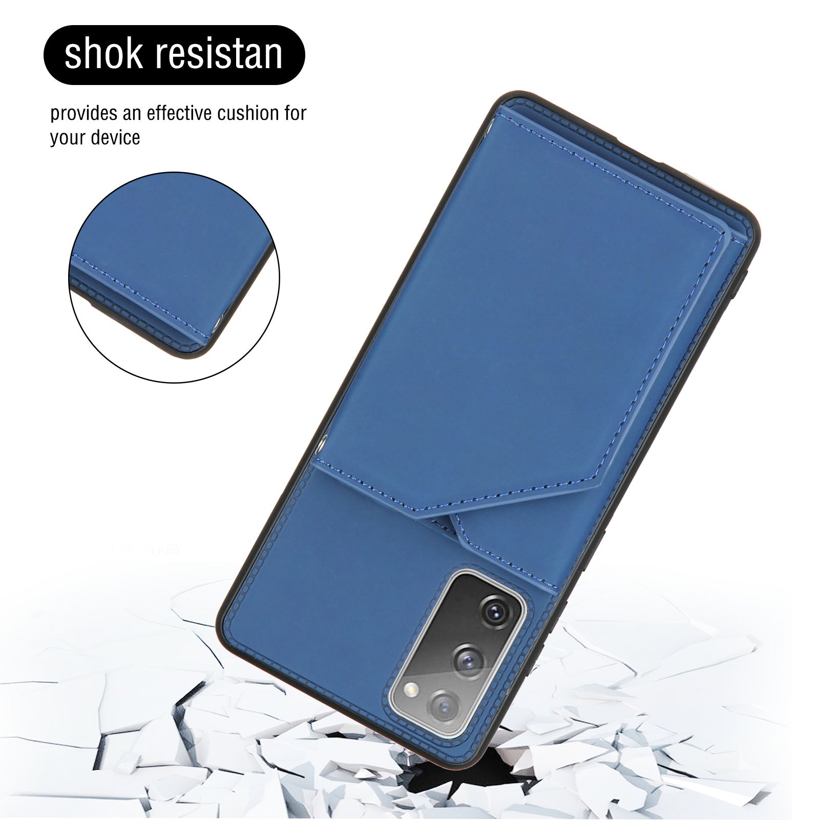 Stand Card Holder Rubberized Leather Skin TPU Phone Shell for Samsung Galaxy S20 FE 4G/FE 5G/S20 Lite/S20 FE 2022 - Blue