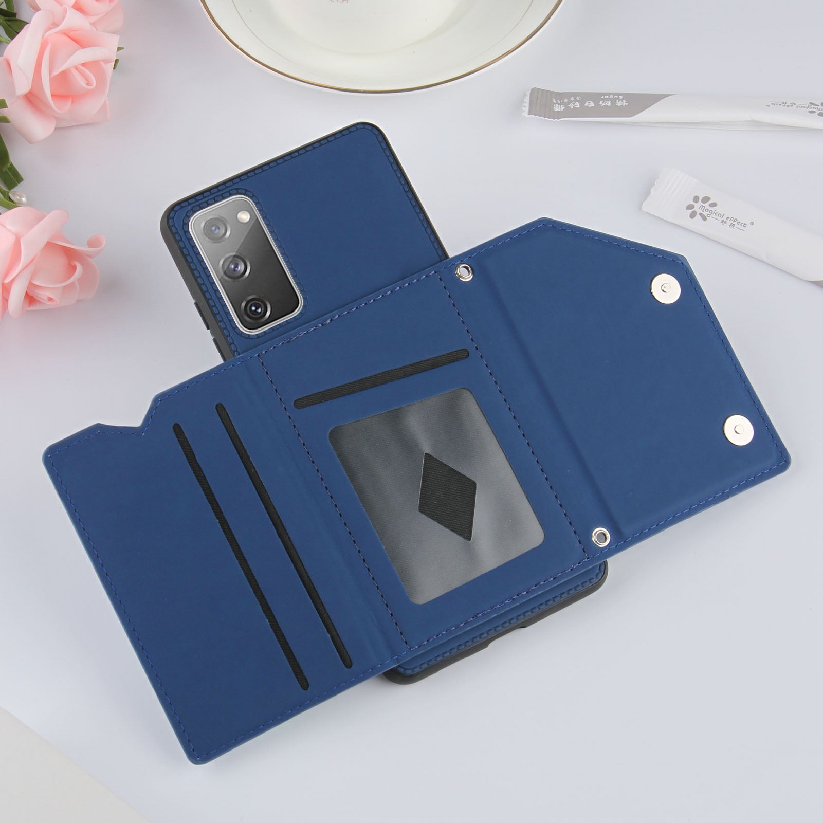 Stand Card Holder Rubberized Leather Skin TPU Phone Shell for Samsung Galaxy S20 FE 4G/FE 5G/S20 Lite/S20 FE 2022 - Blue