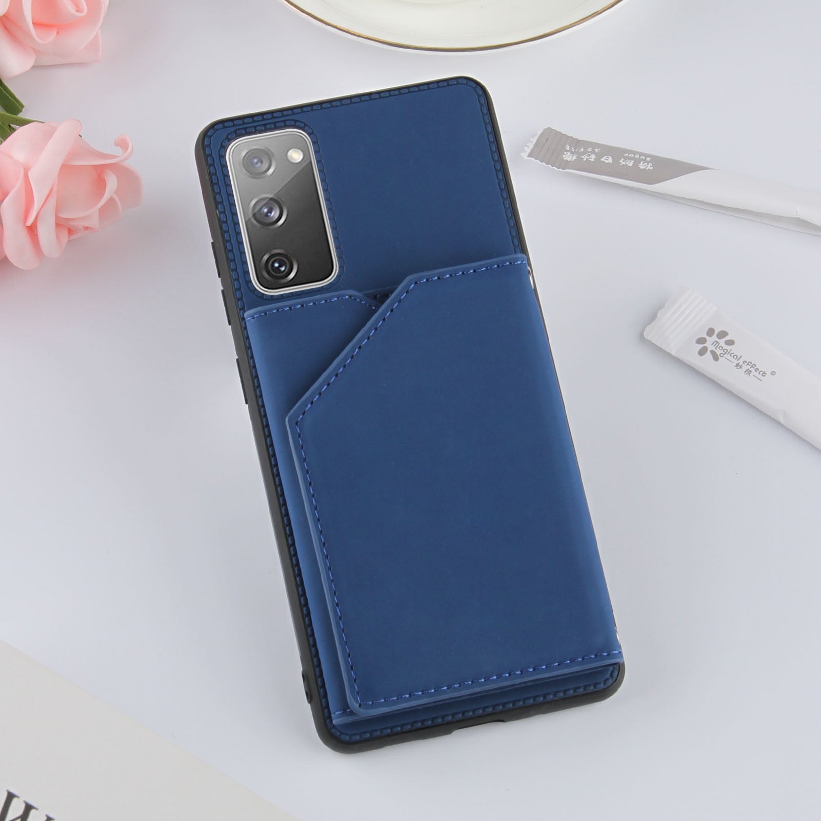 Stand Card Holder Rubberized Leather Skin TPU Phone Shell for Samsung Galaxy S20 FE 4G/FE 5G/S20 Lite/S20 FE 2022 - Blue