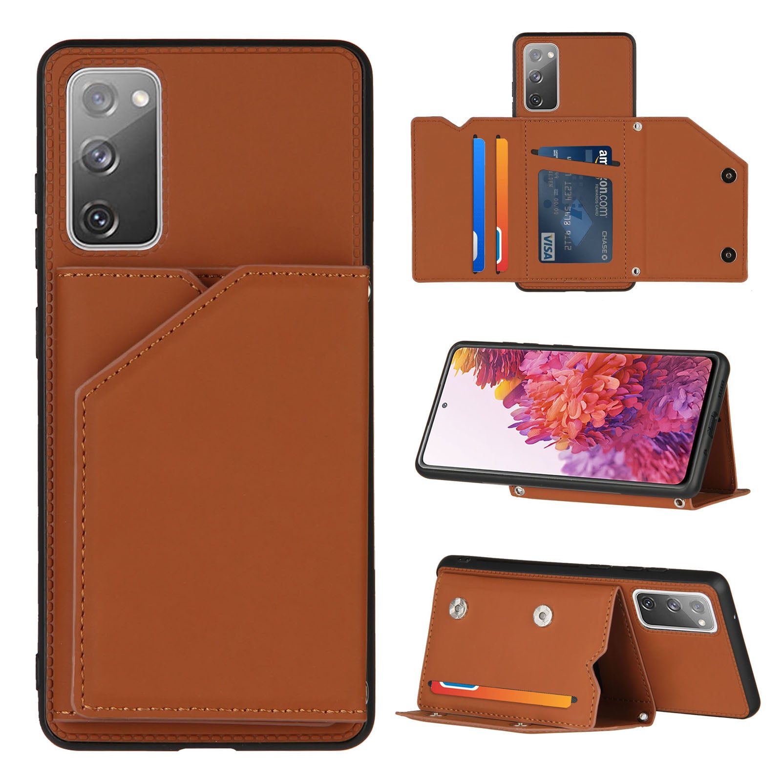 Stand Card Holder Rubberized Leather Skin TPU Phone Shell for Samsung Galaxy S20 FE 4G/FE 5G/S20 Lite/S20 FE 2022 - Brown