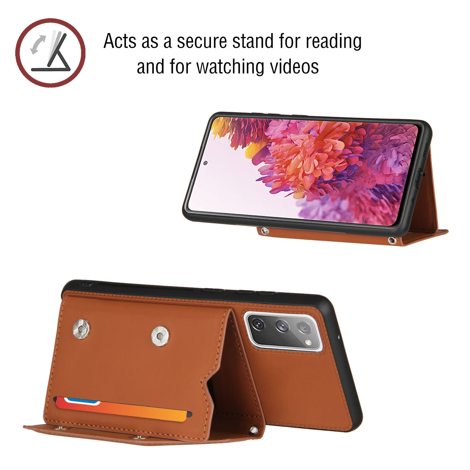 Stand Card Holder Rubberized Leather Skin TPU Phone Shell for Samsung Galaxy S20 FE 4G/FE 5G/S20 Lite/S20 FE 2022 - Brown