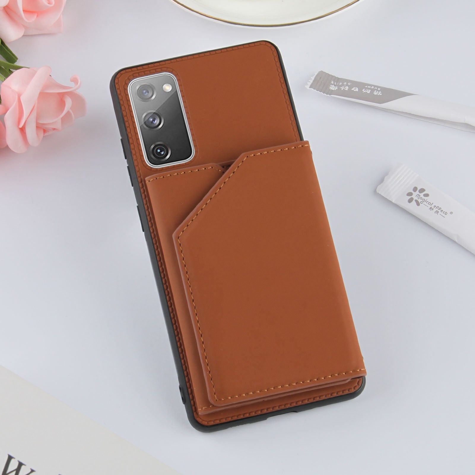 Stand Card Holder Rubberized Leather Skin TPU Phone Shell for Samsung Galaxy S20 FE 4G/FE 5G/S20 Lite/S20 FE 2022 - Brown