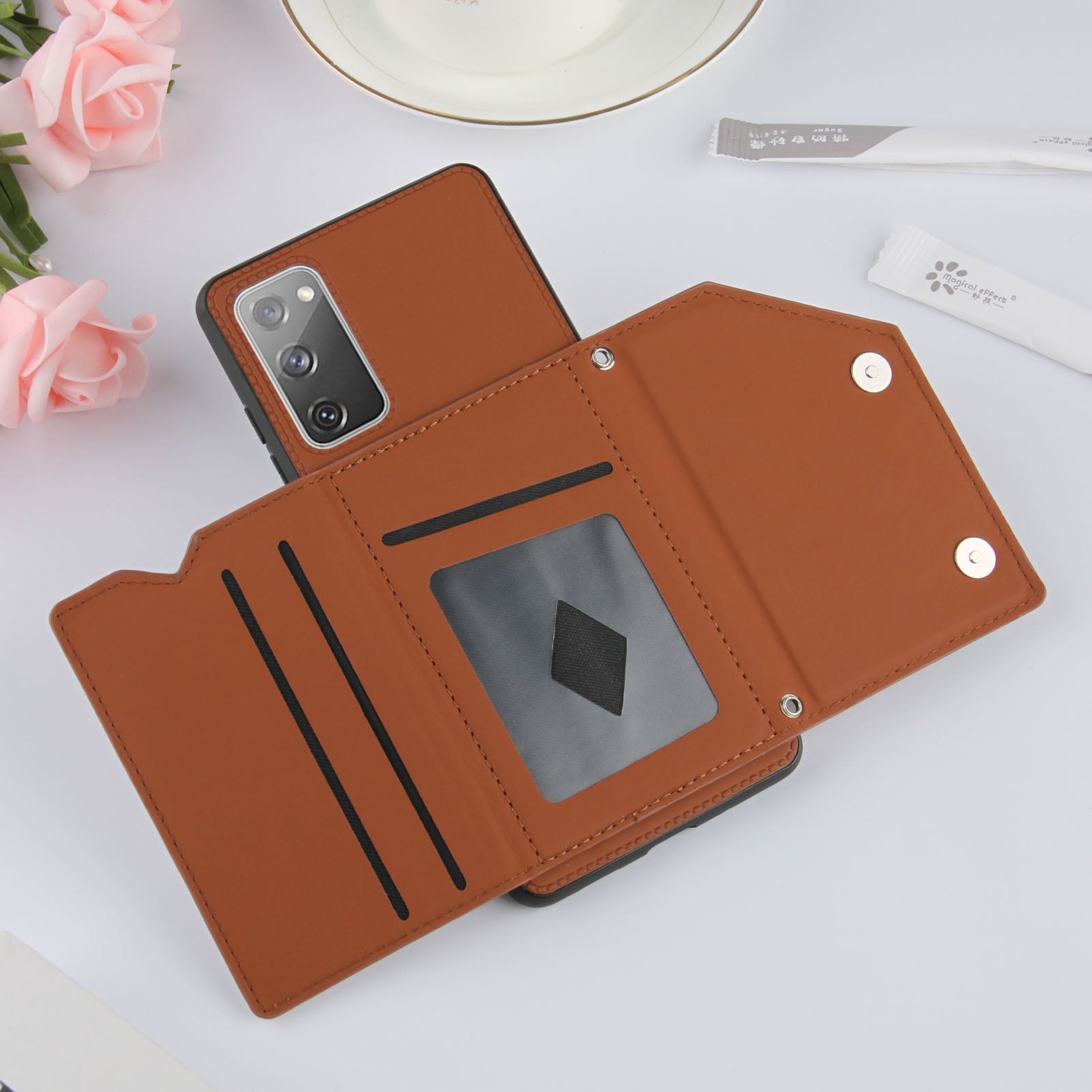 Stand Card Holder Rubberized Leather Skin TPU Phone Shell for Samsung Galaxy S20 FE 4G/FE 5G/S20 Lite/S20 FE 2022 - Brown