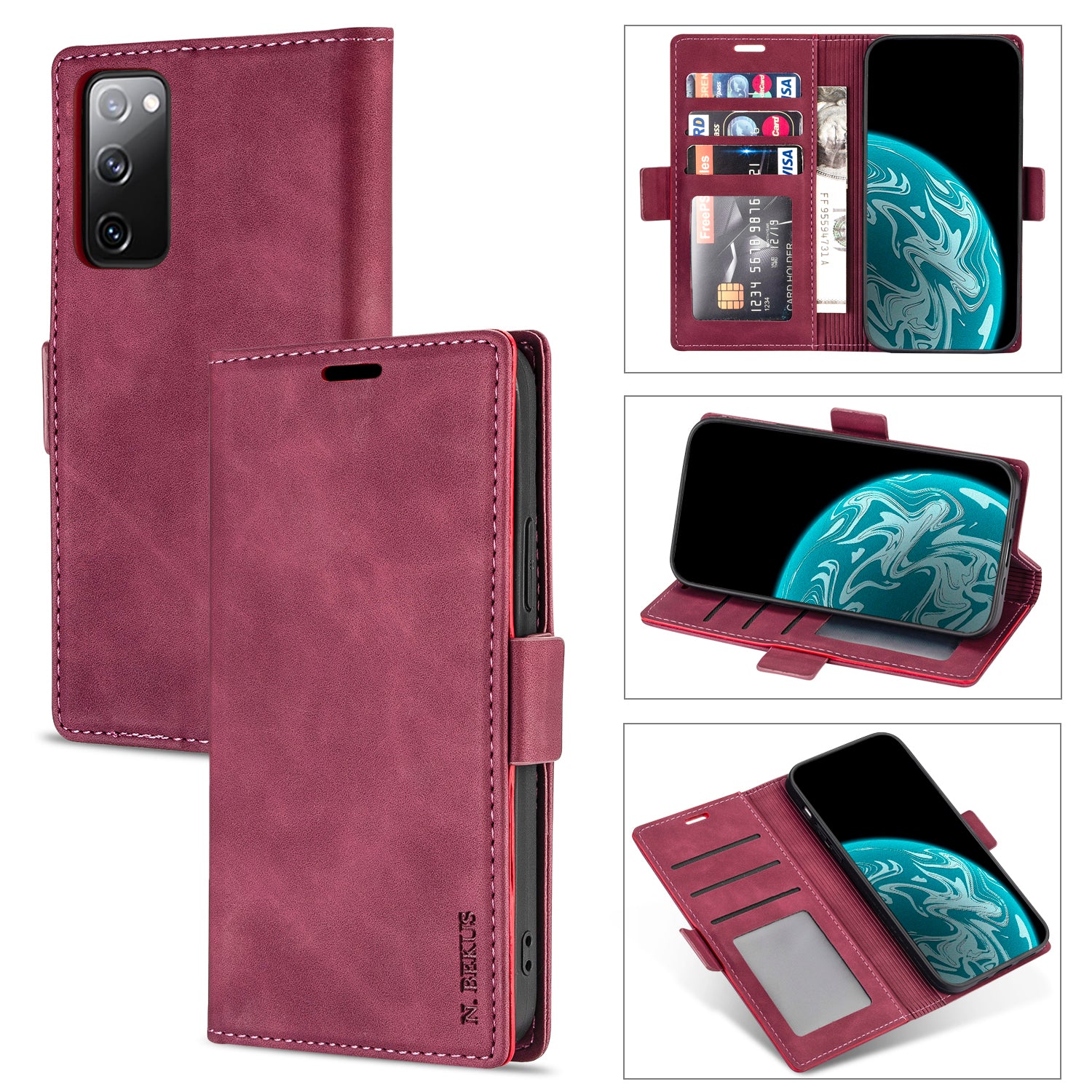 N.BEKUS PU Leather Wallet Phone Stand Case for Samsung Galaxy S20 FE/S20 Fan Edition/S20 FE 5G/S20 Fan Edition 5G - Wine Red