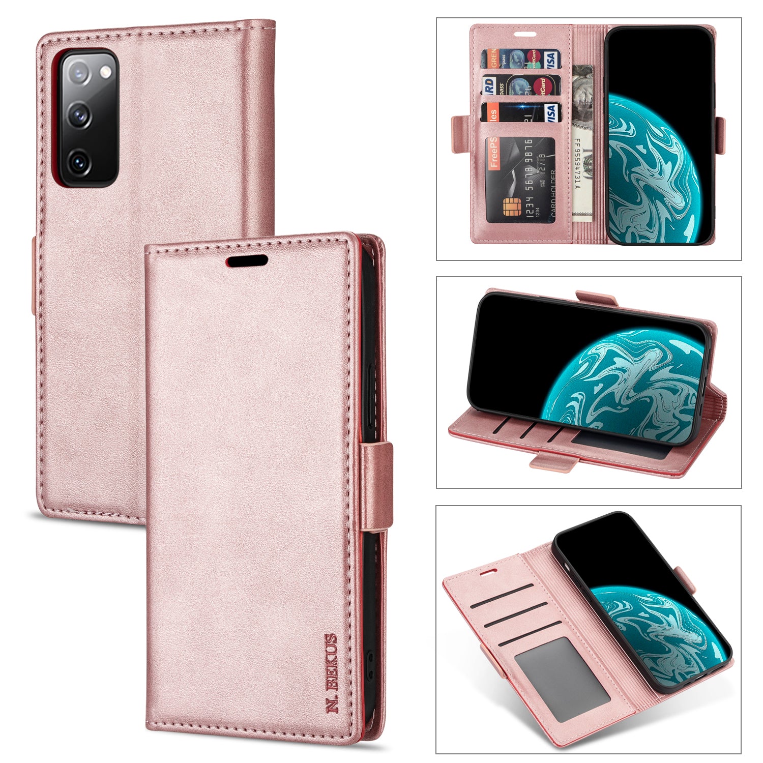 N.BEKUS PU Leather Wallet Phone Stand Case for Samsung Galaxy S20 FE/S20 Fan Edition/S20 FE 5G/S20 Fan Edition 5G - Rose Gold