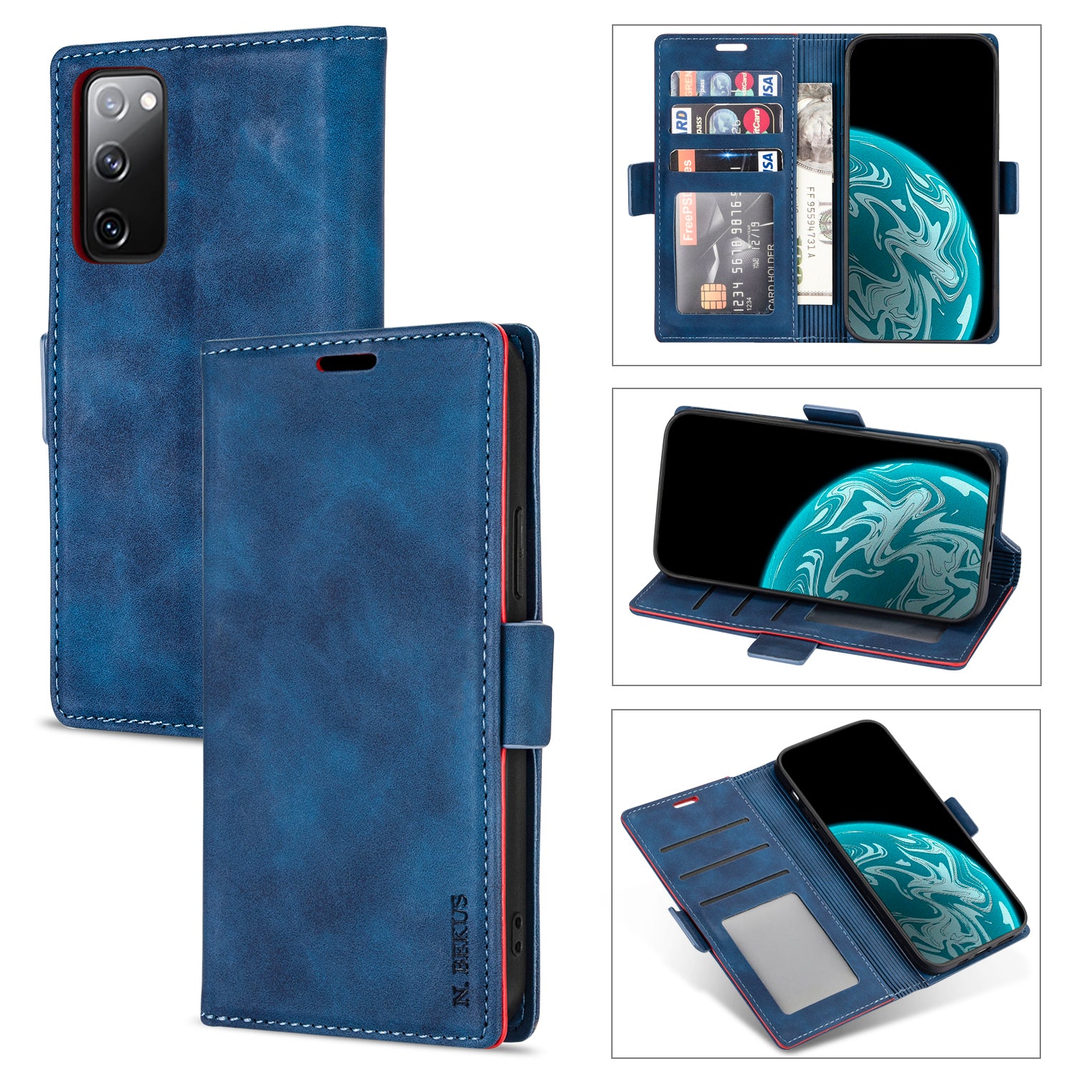 N.BEKUS PU Leather Wallet Phone Stand Case for Samsung Galaxy S20 FE/S20 Fan Edition/S20 FE 5G/S20 Fan Edition 5G - Blue