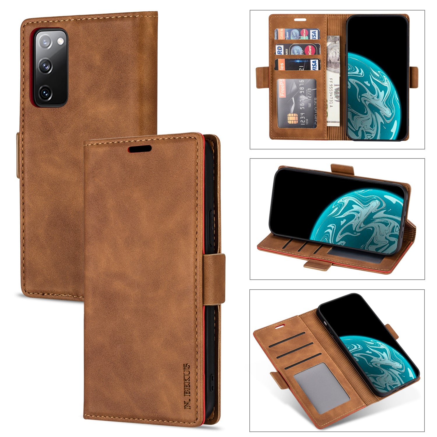 N.BEKUS PU Leather Wallet Phone Stand Case for Samsung Galaxy S20 FE/S20 Fan Edition/S20 FE 5G/S20 Fan Edition 5G - Brown