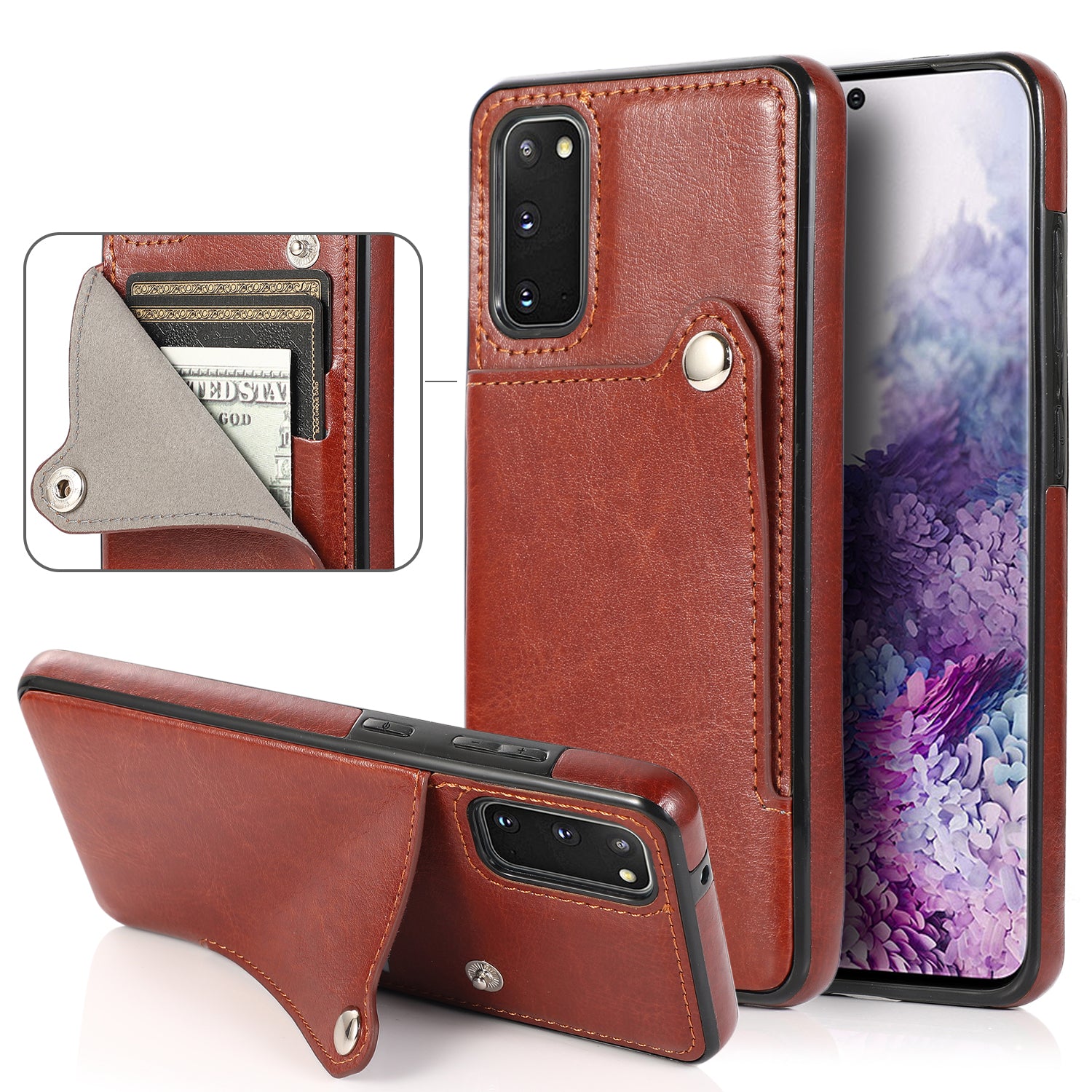 Kickstand Card Slots TPU + PU Leather Phone Protective Case for Samsung Galaxy S20 FE 4G/FE 5G/S20 Lite/S20 FE 2022  - Brown