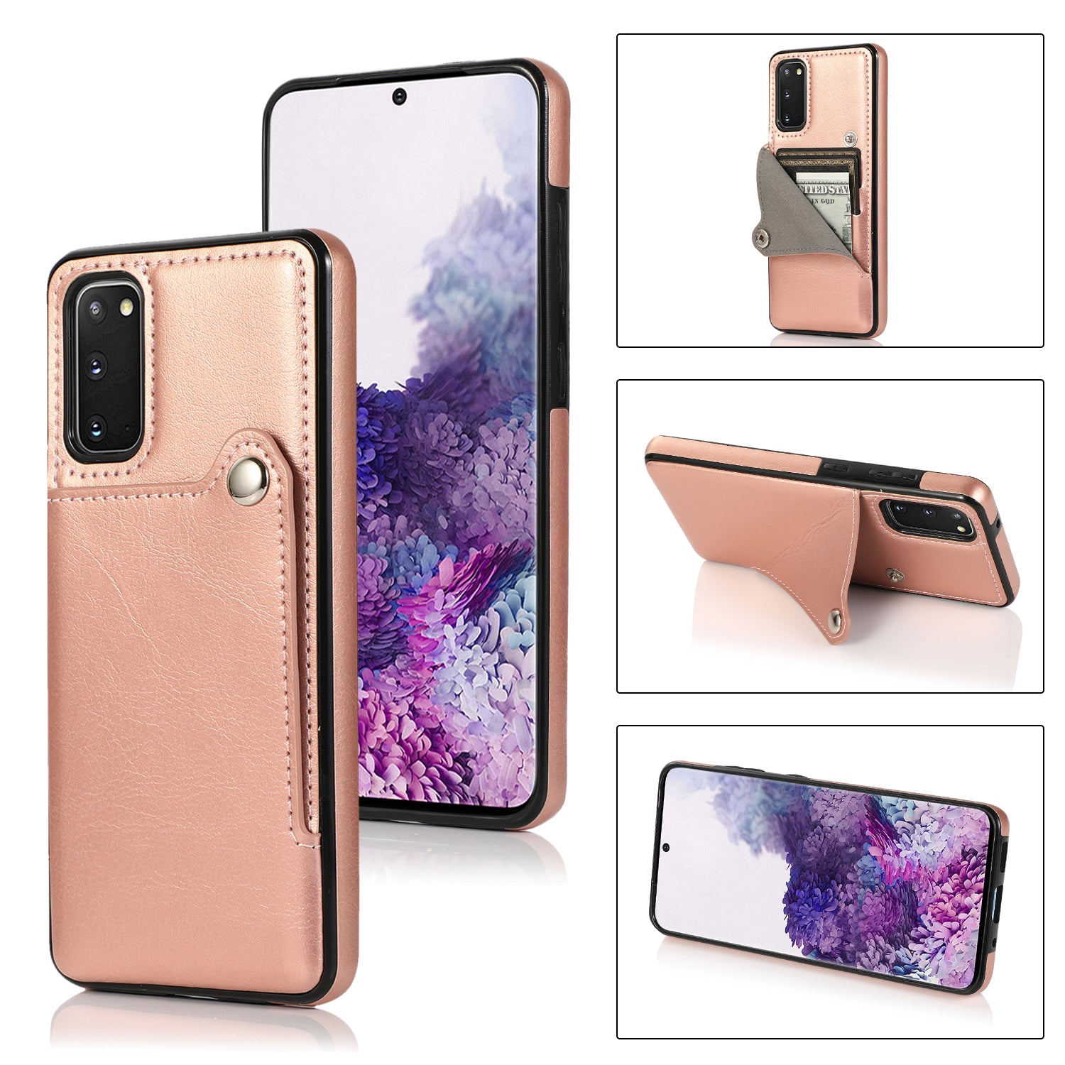 Kickstand Card Slots TPU + PU Leather Phone Protective Case for Samsung Galaxy S20 FE 4G/FE 5G/S20 Lite/S20 FE 2022  - Rose Gold