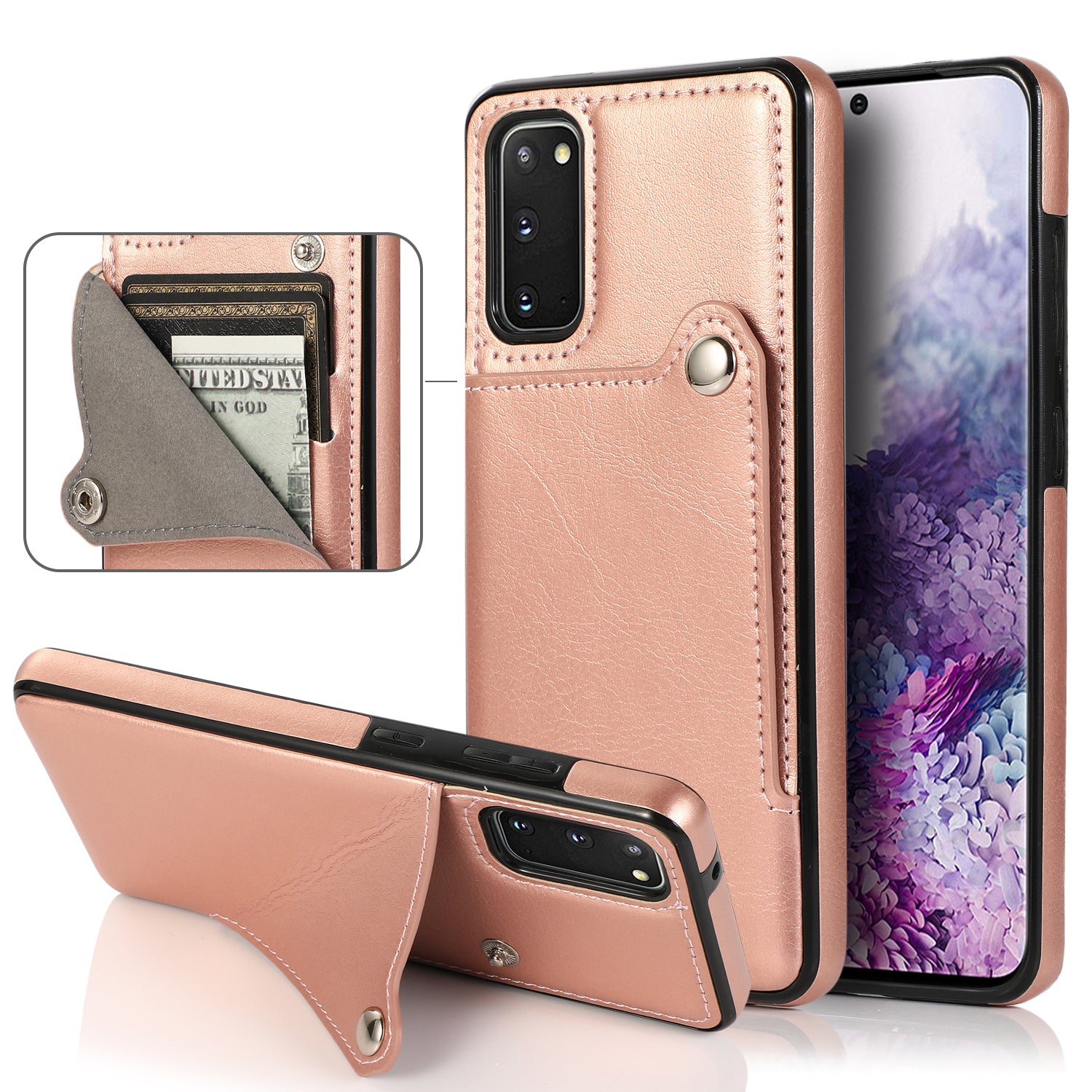 Kickstand Card Slots TPU + PU Leather Phone Protective Case for Samsung Galaxy S20 FE 4G/FE 5G/S20 Lite/S20 FE 2022  - Rose Gold