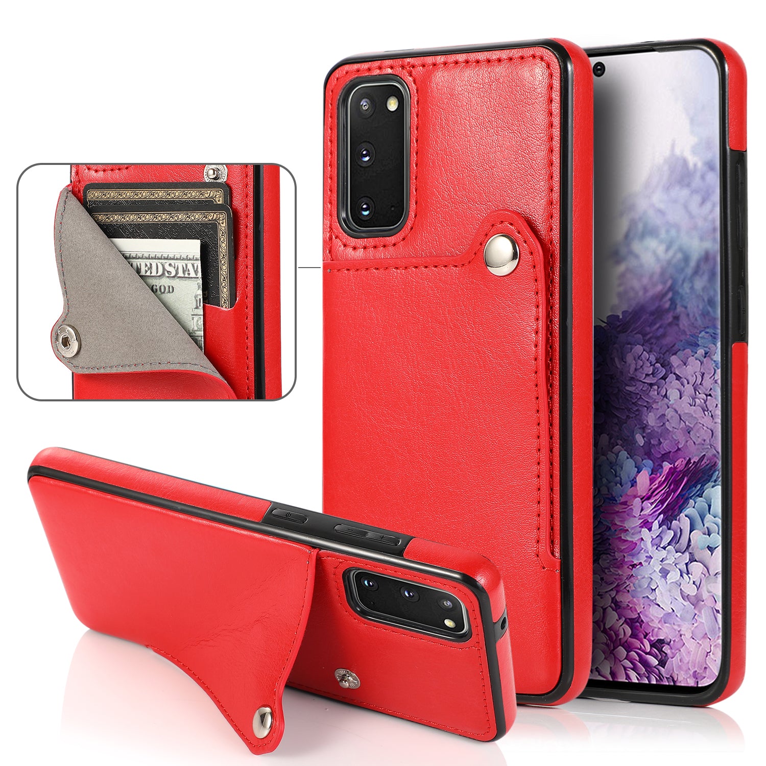 Kickstand Card Slots TPU + PU Leather Phone Protective Case for Samsung Galaxy S20 FE 4G/FE 5G/S20 Lite/S20 FE 2022  - Red