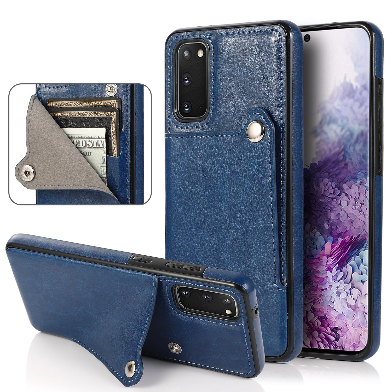 Kickstand Card Slots TPU + PU Leather Phone Protective Case for Samsung Galaxy S20 FE 4G/FE 5G/S20 Lite/S20 FE 2022  - Blue