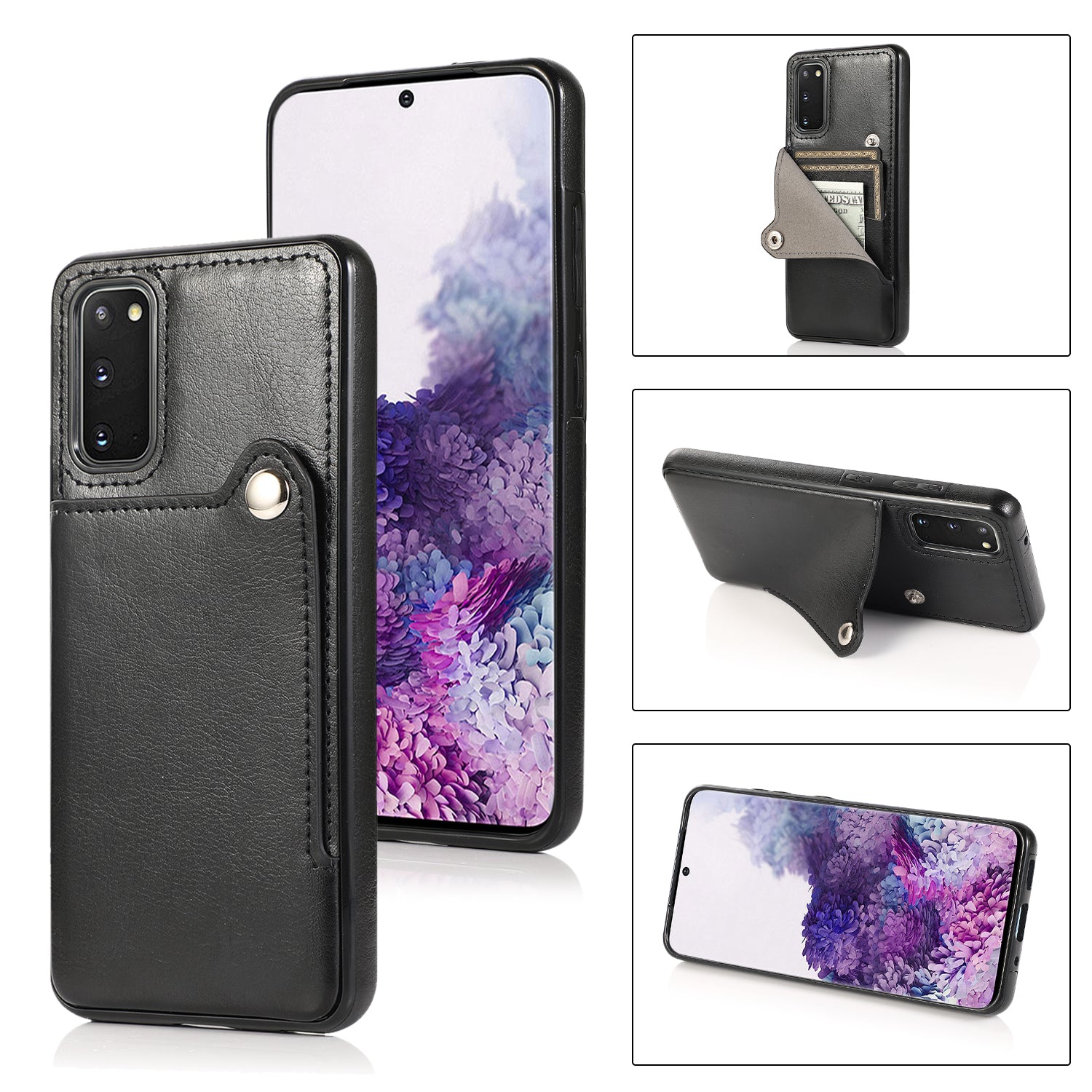 Kickstand Card Slots TPU + PU Leather Phone Protective Case for Samsung Galaxy S20 FE 4G/FE 5G/S20 Lite/S20 FE 2022  - Black