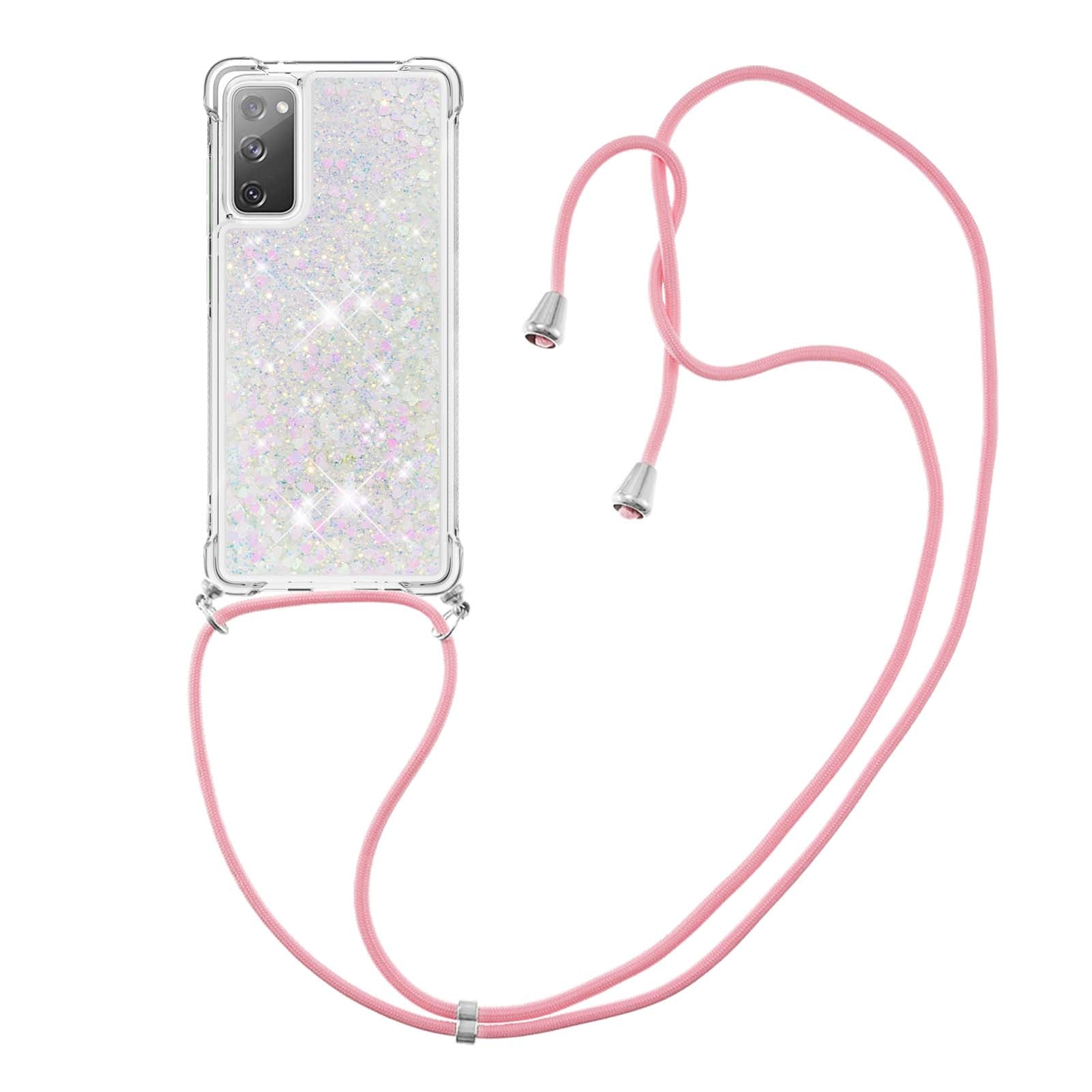 Dynamic Quicksand TPU Drop-proof Cell Phone Cover with Lanyard for Samsung Galaxy S20 FE 4G/FE 5G/S20 Lite/S20 FE 2022 - White