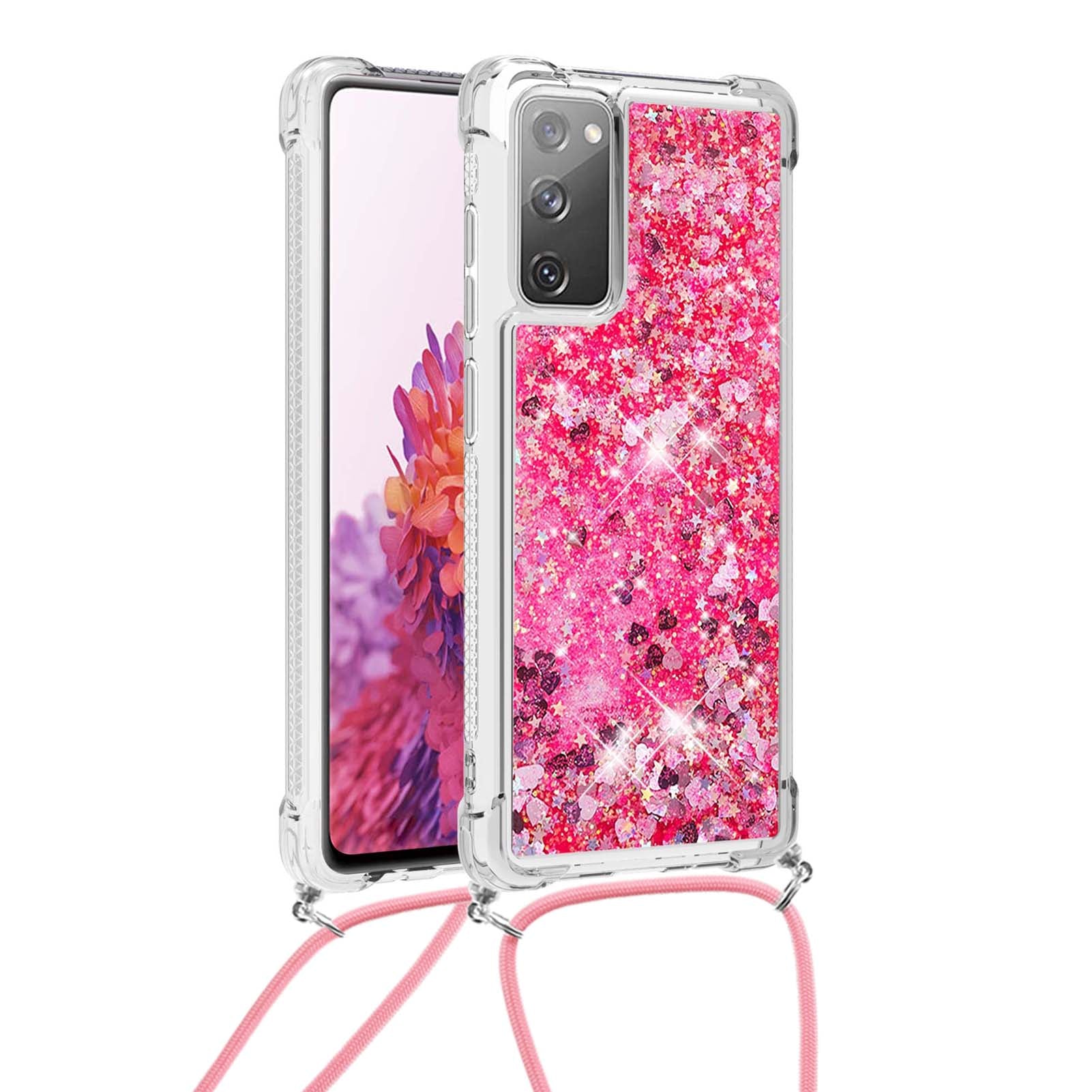 Dynamic Quicksand TPU Drop-proof Cell Phone Cover with Lanyard for Samsung Galaxy S20 FE 4G/FE 5G/S20 Lite/S20 FE 2022 - Rose