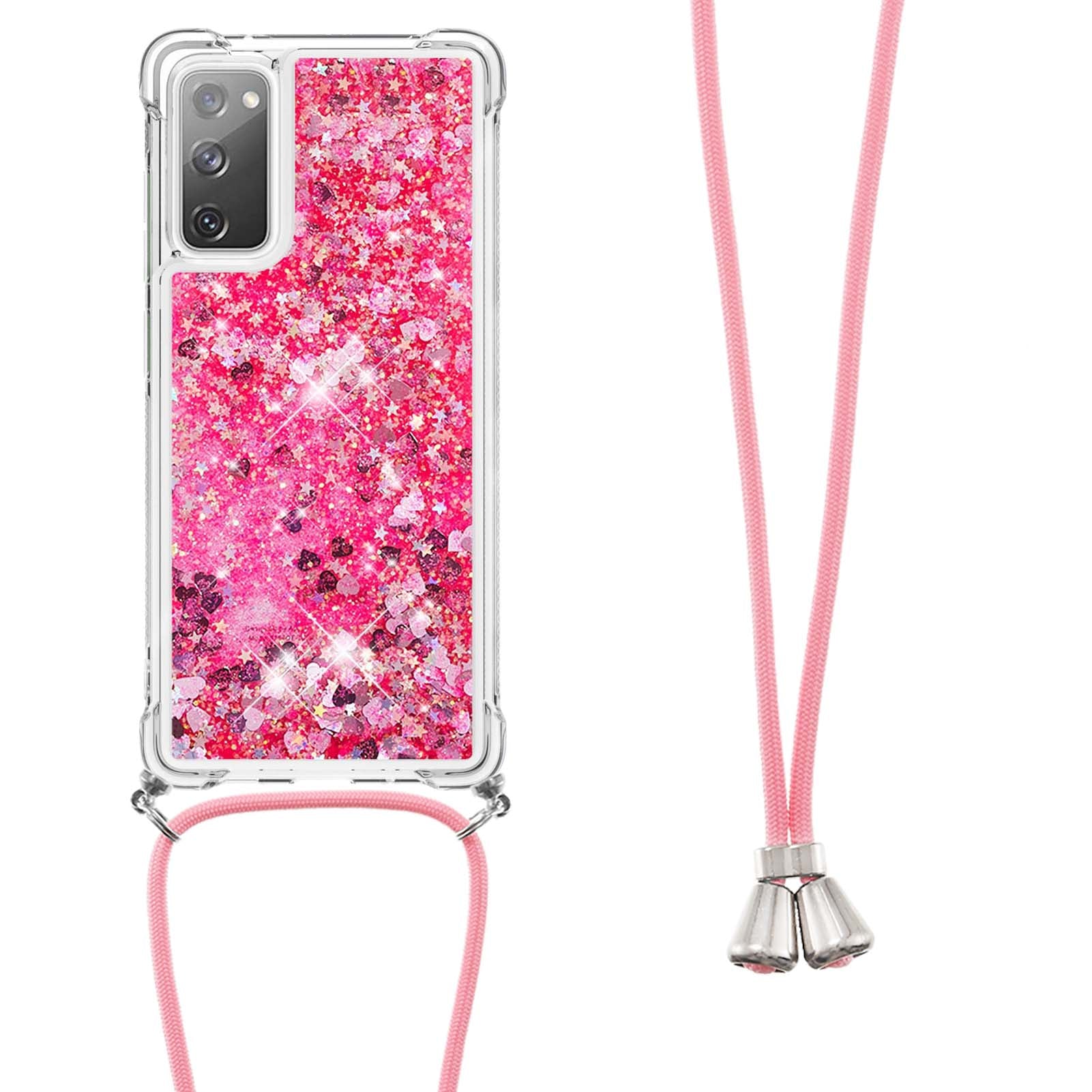 Dynamic Quicksand TPU Drop-proof Cell Phone Cover with Lanyard for Samsung Galaxy S20 FE 4G/FE 5G/S20 Lite/S20 FE 2022 - Rose