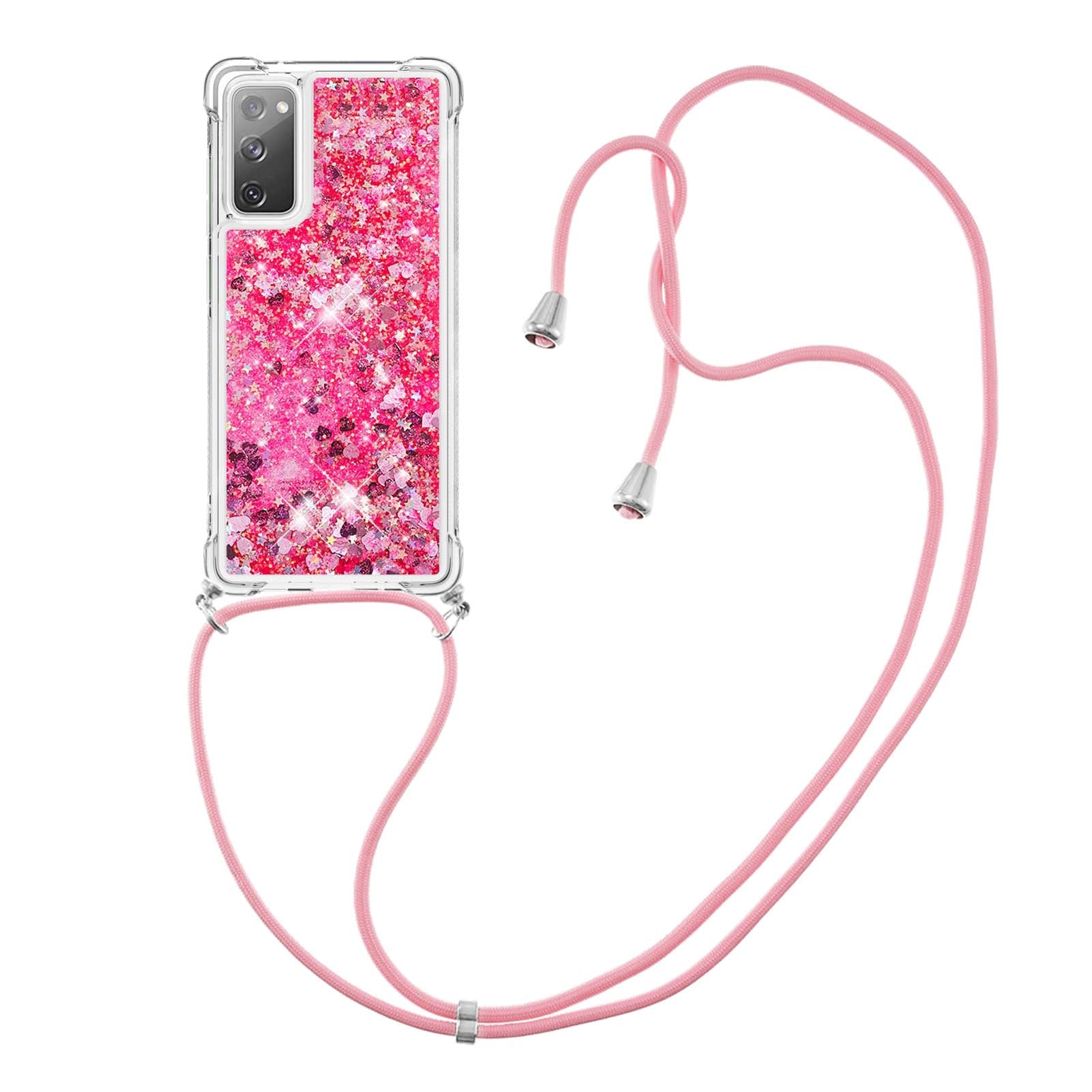 Dynamic Quicksand TPU Drop-proof Cell Phone Cover with Lanyard for Samsung Galaxy S20 FE 4G/FE 5G/S20 Lite/S20 FE 2022 - Rose