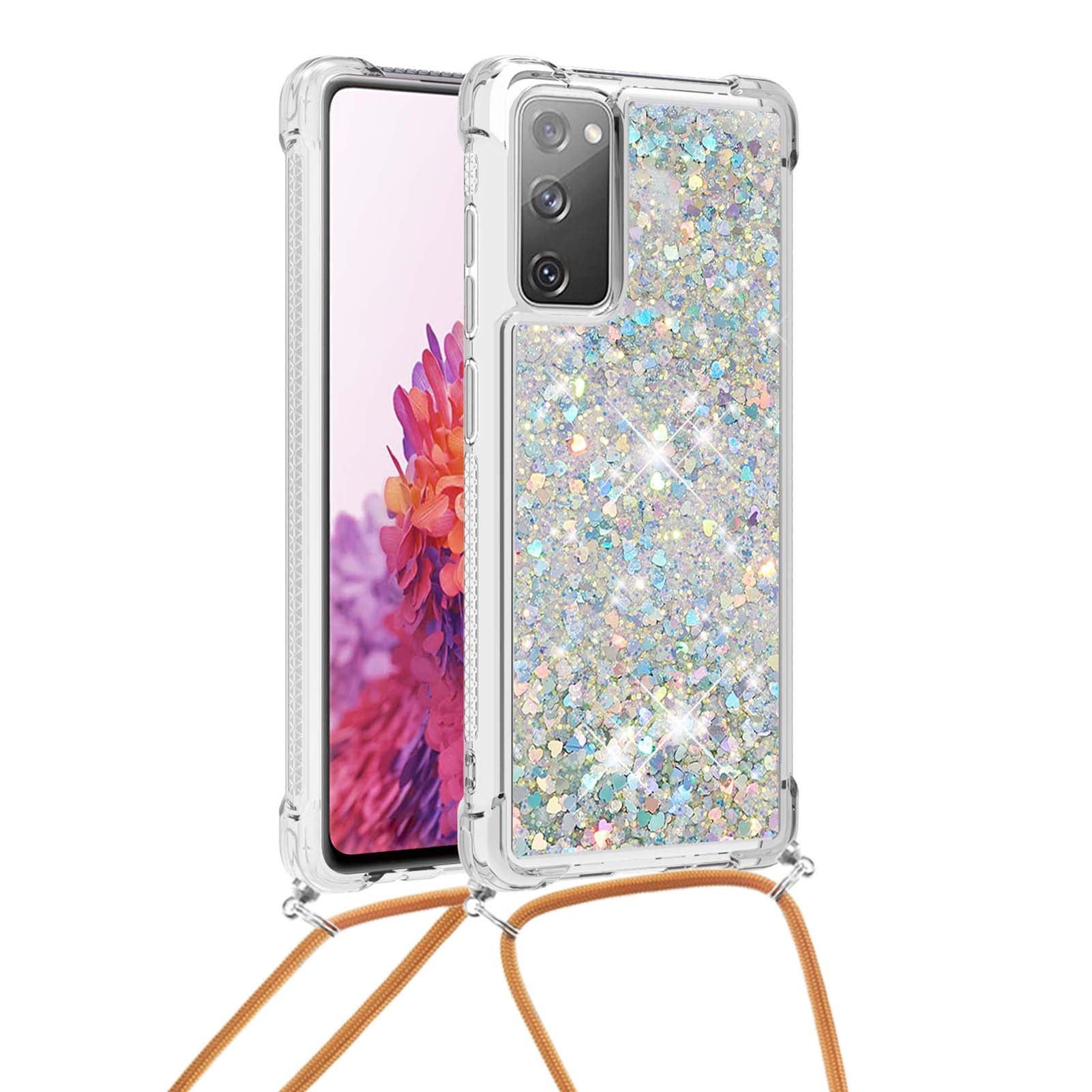 Dynamic Quicksand TPU Drop-proof Cell Phone Cover with Lanyard for Samsung Galaxy S20 FE 4G/FE 5G/S20 Lite/S20 FE 2022 - Silver