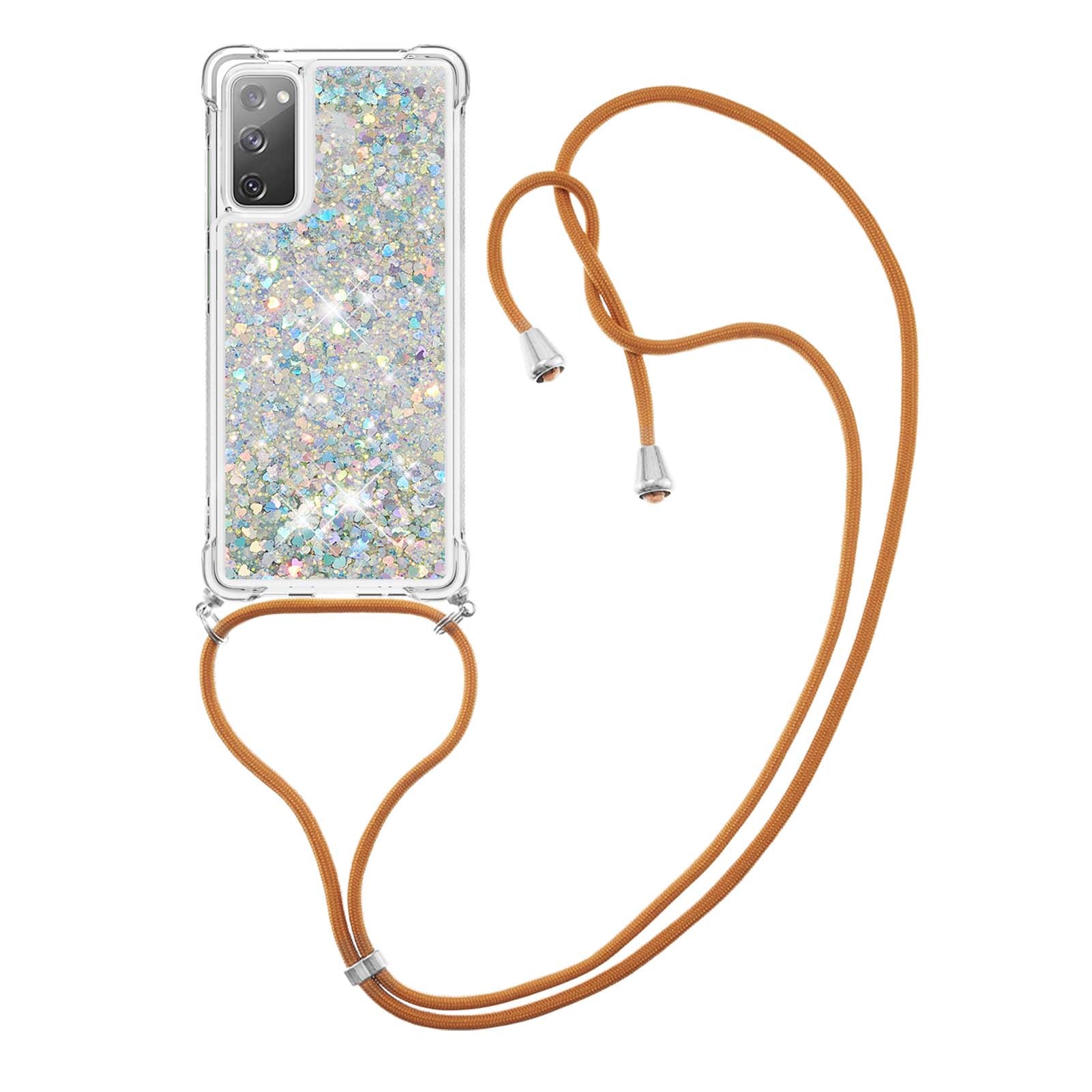 Dynamic Quicksand TPU Drop-proof Cell Phone Cover with Lanyard for Samsung Galaxy S20 FE 4G/FE 5G/S20 Lite/S20 FE 2022 - Silver