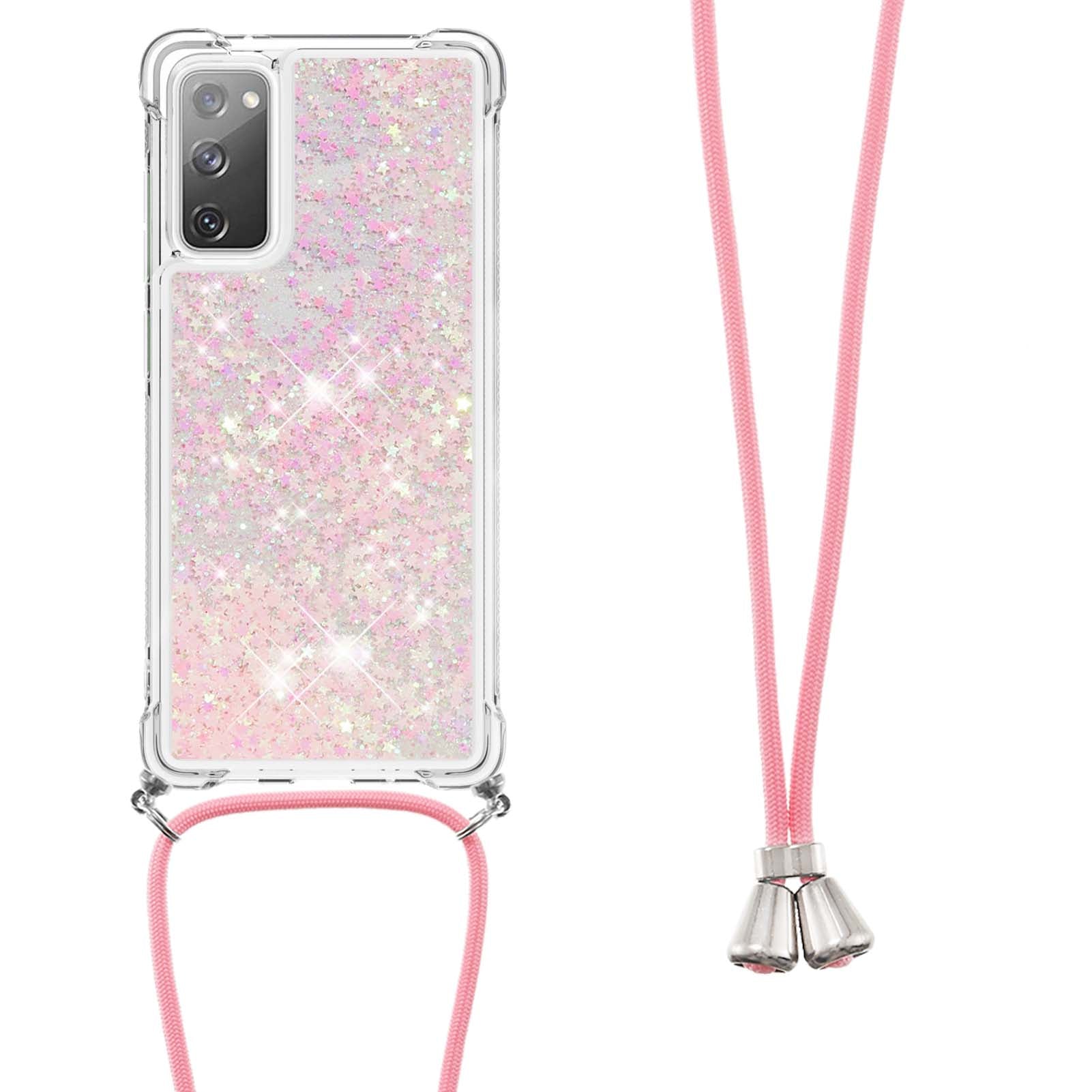 Dynamic Quicksand TPU Drop-proof Cell Phone Cover with Lanyard for Samsung Galaxy S20 FE 4G/FE 5G/S20 Lite/S20 FE 2022 - Pink