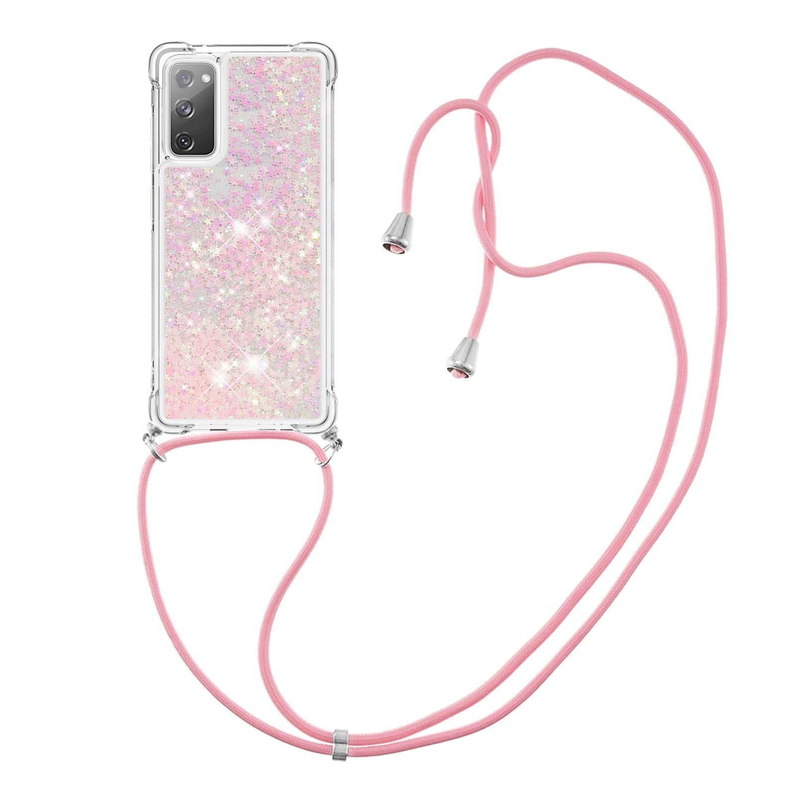 Dynamic Quicksand TPU Drop-proof Cell Phone Cover with Lanyard for Samsung Galaxy S20 FE 4G/FE 5G/S20 Lite/S20 FE 2022 - Pink