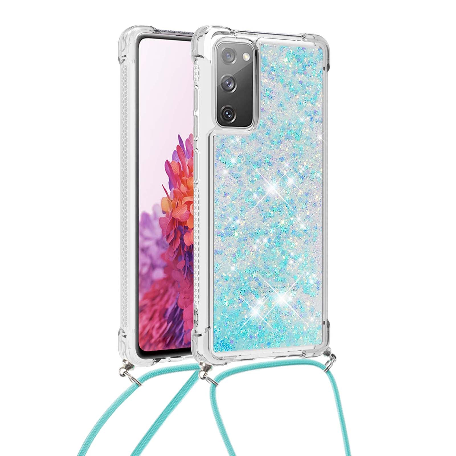 Dynamic Quicksand TPU Drop-proof Cell Phone Cover with Lanyard for Samsung Galaxy S20 FE 4G/FE 5G/S20 Lite/S20 FE 2022 - Baby Blue