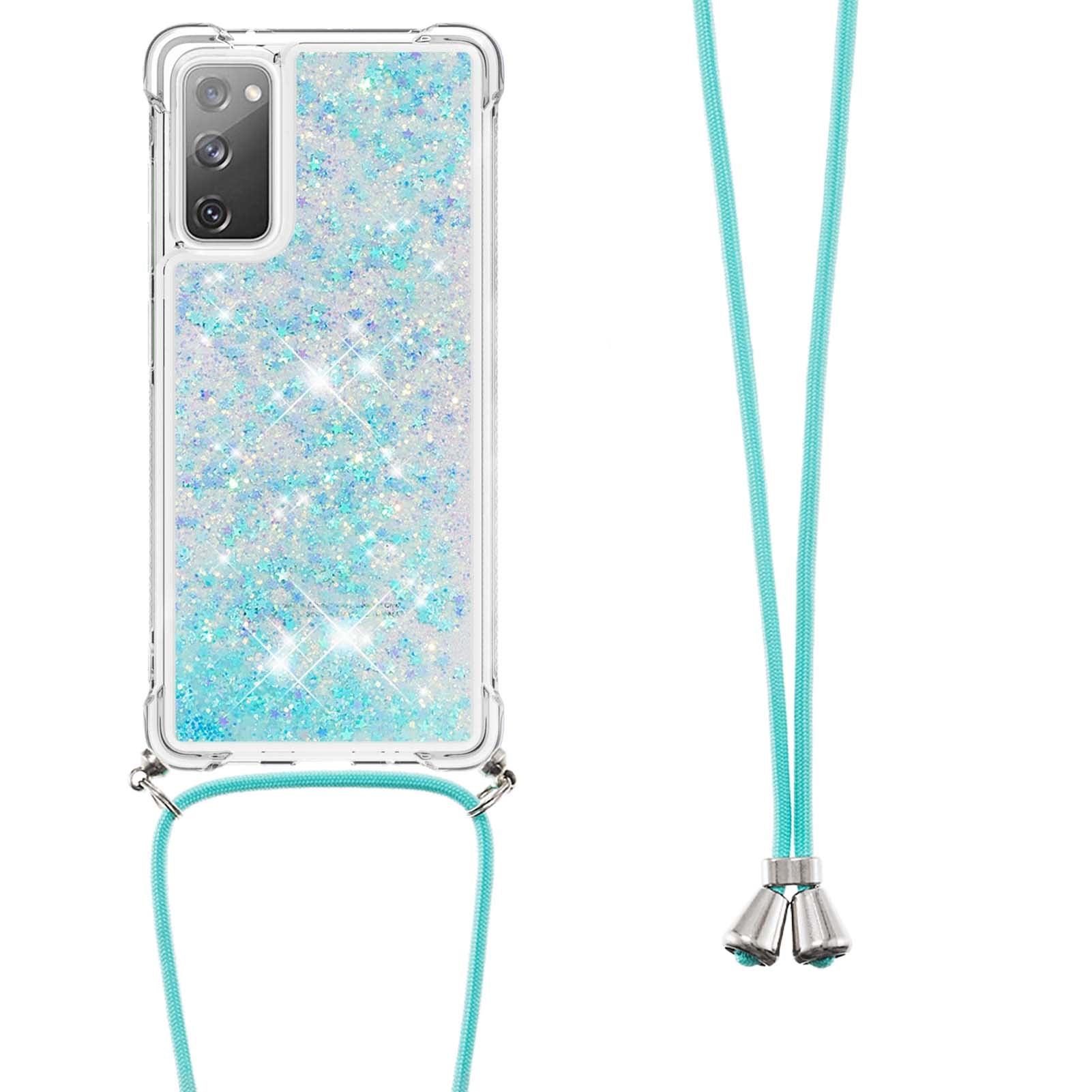 Dynamic Quicksand TPU Drop-proof Cell Phone Cover with Lanyard for Samsung Galaxy S20 FE 4G/FE 5G/S20 Lite/S20 FE 2022 - Baby Blue