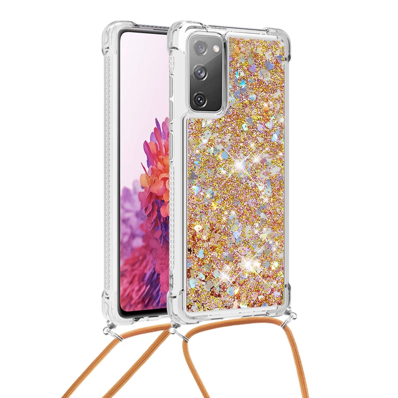 Dynamic Quicksand TPU Drop-proof Cell Phone Cover with Lanyard for Samsung Galaxy S20 FE 4G/FE 5G/S20 Lite/S20 FE 2022 - Gold