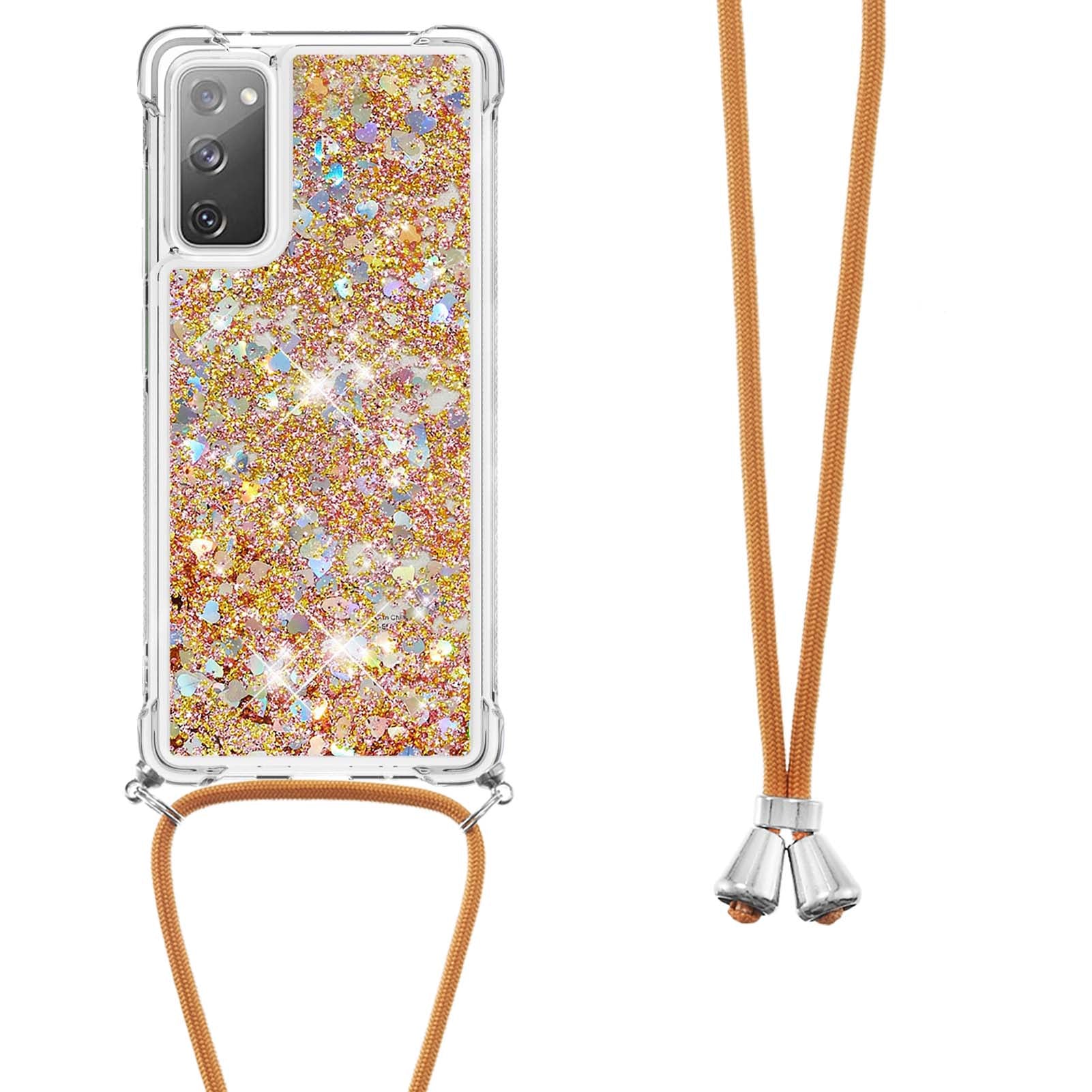 Dynamic Quicksand TPU Drop-proof Cell Phone Cover with Lanyard for Samsung Galaxy S20 FE 4G/FE 5G/S20 Lite/S20 FE 2022 - Gold