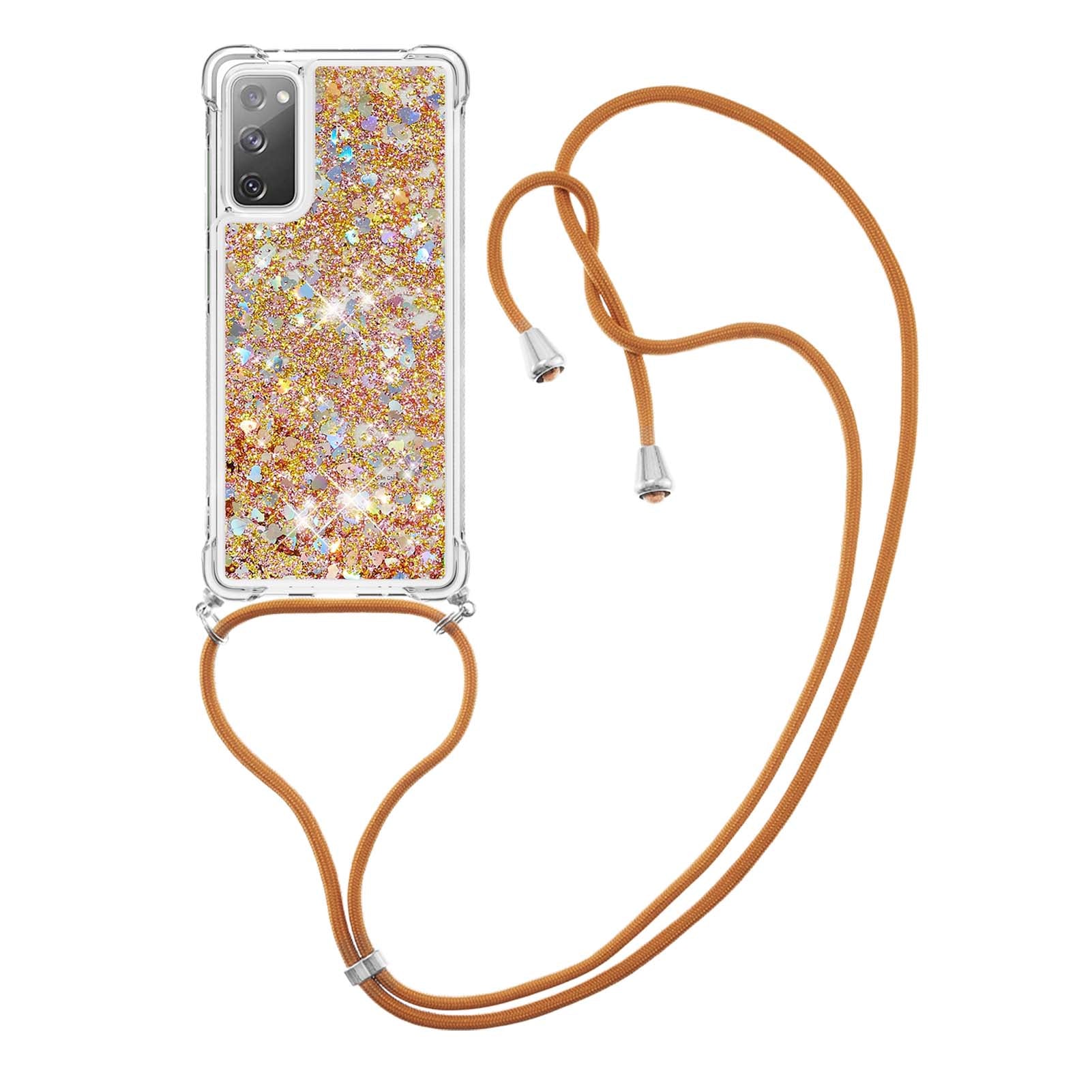 Dynamic Quicksand TPU Drop-proof Cell Phone Cover with Lanyard for Samsung Galaxy S20 FE 4G/FE 5G/S20 Lite/S20 FE 2022 - Gold