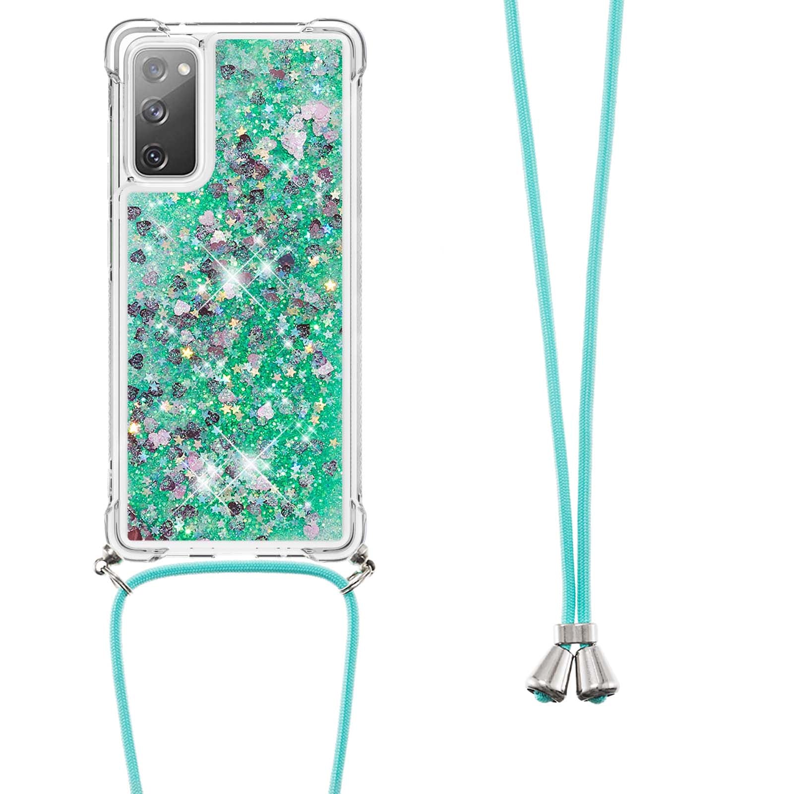 Dynamic Quicksand TPU Drop-proof Cell Phone Cover with Lanyard for Samsung Galaxy S20 FE 4G/FE 5G/S20 Lite/S20 FE 2022 - Green