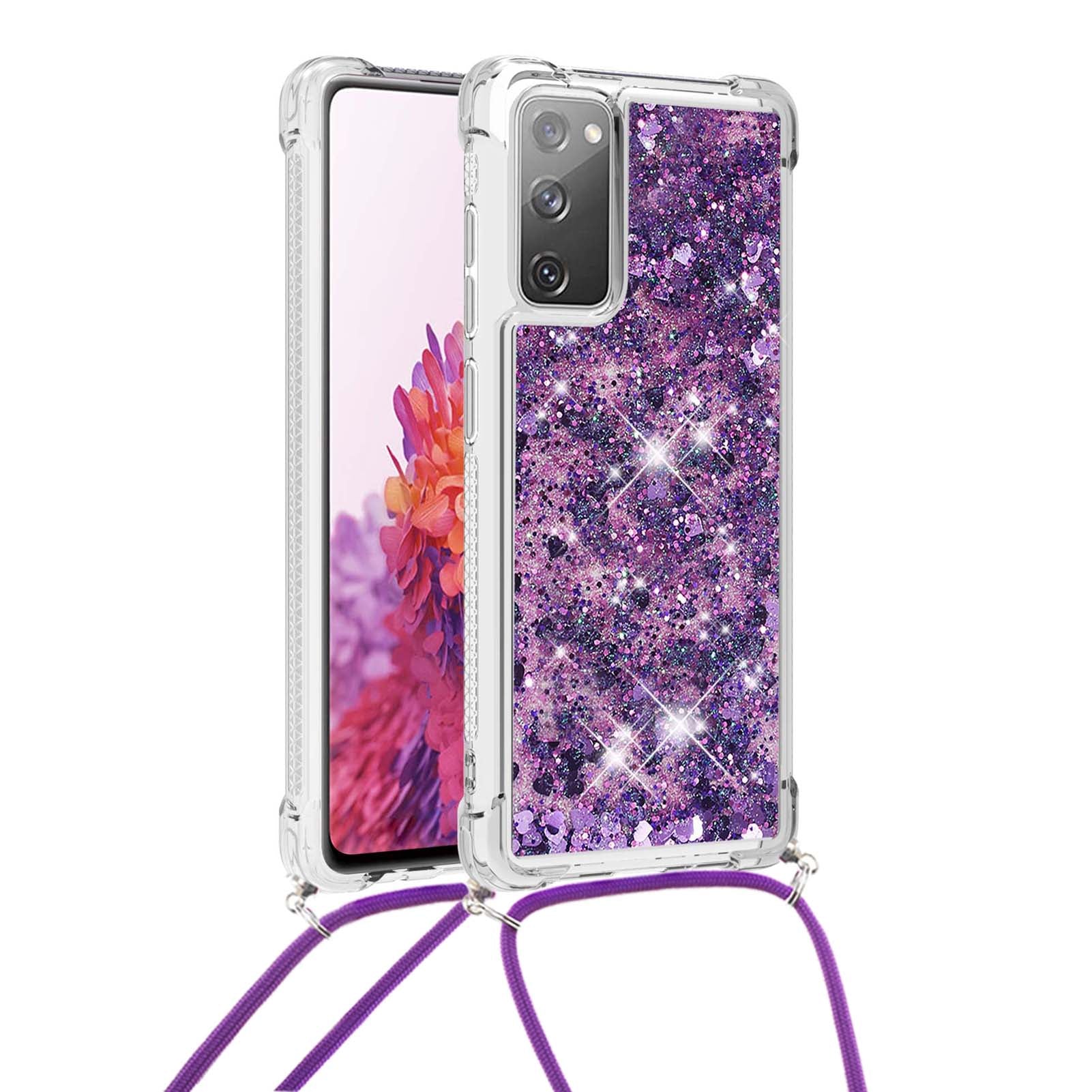 Dynamic Quicksand TPU Drop-proof Cell Phone Cover with Lanyard for Samsung Galaxy S20 FE 4G/FE 5G/S20 Lite/S20 FE 2022 - Purple