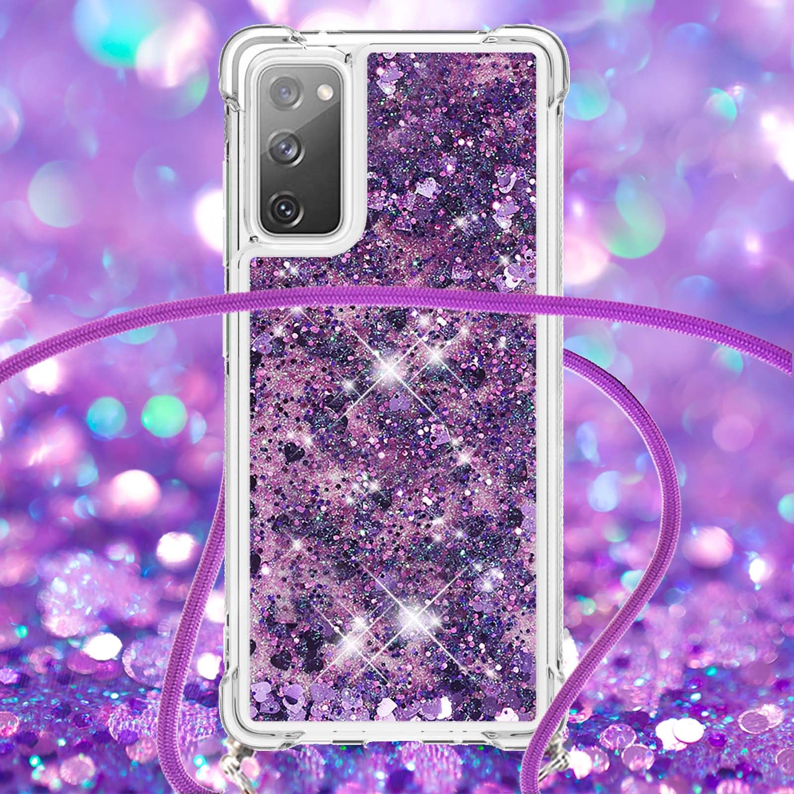 Dynamic Quicksand TPU Drop-proof Cell Phone Cover with Lanyard for Samsung Galaxy S20 FE 4G/FE 5G/S20 Lite/S20 FE 2022 - Purple