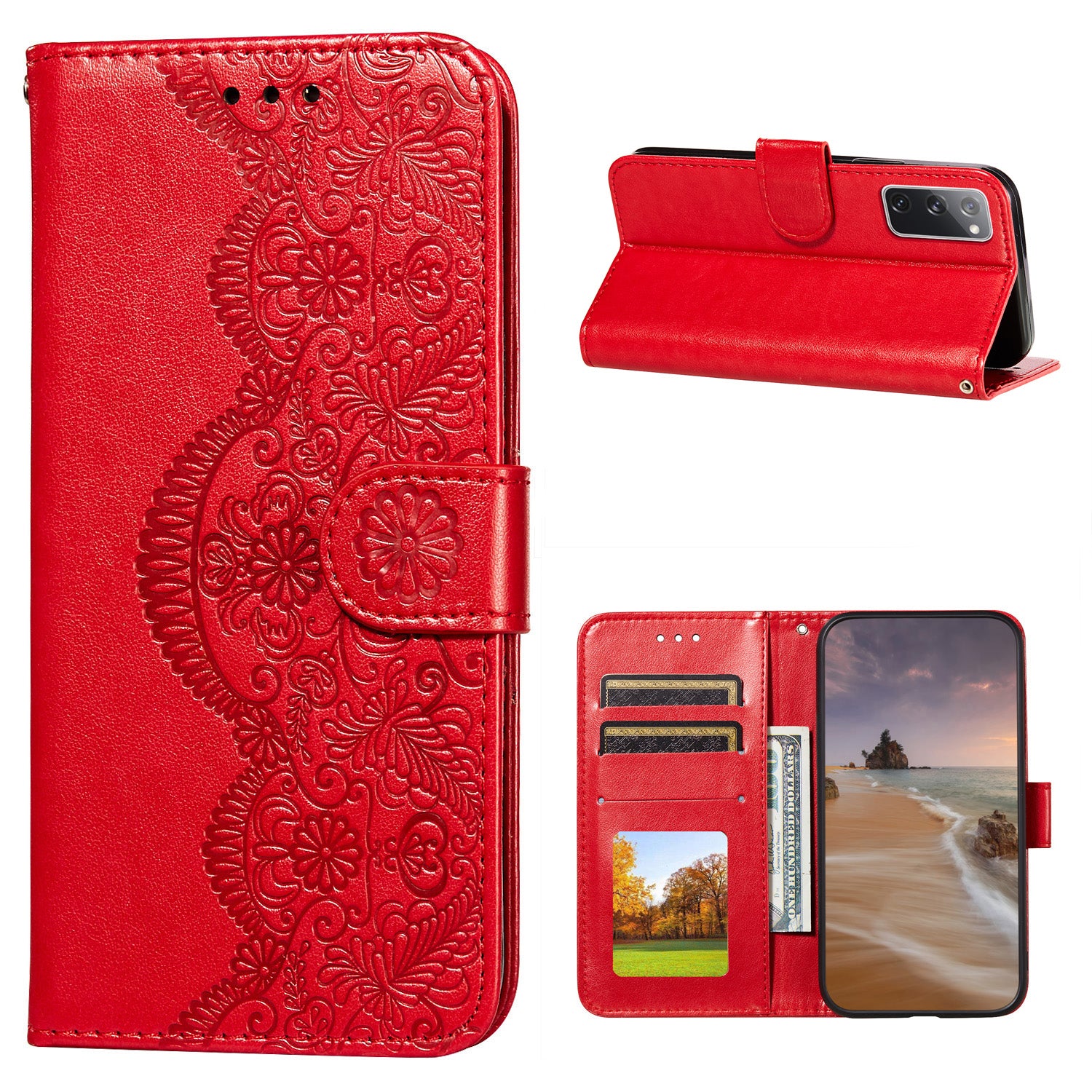 Drop-proof Imprinted Flower Vine Wallet Leather Case with Lanyard for Samsung Galaxy S20 FE 4G/FE 5G/S20 Lite/S20 FE 2022 - Red