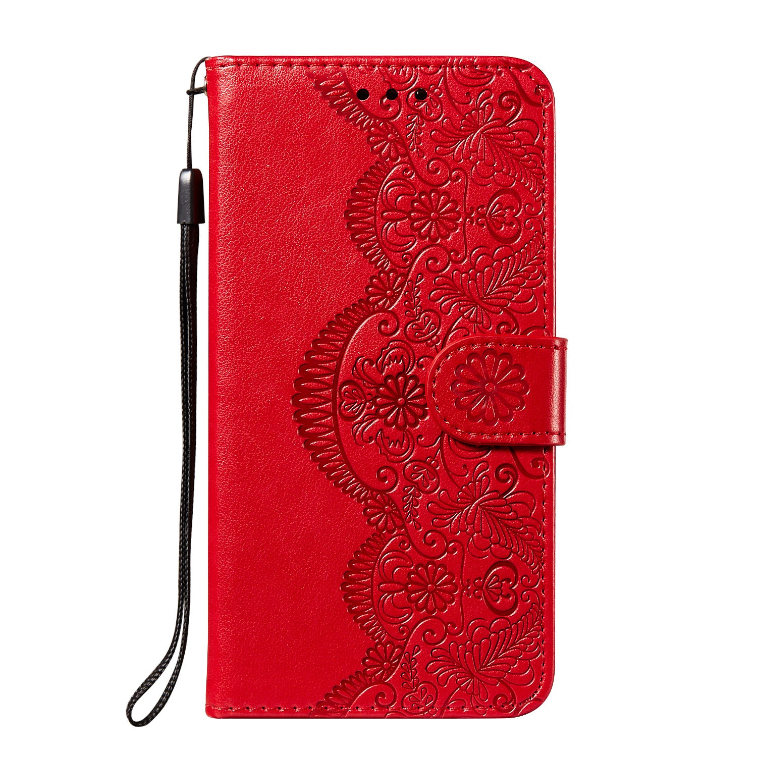 Drop-proof Imprinted Flower Vine Wallet Leather Case with Lanyard for Samsung Galaxy S20 FE 4G/FE 5G/S20 Lite/S20 FE 2022 - Red