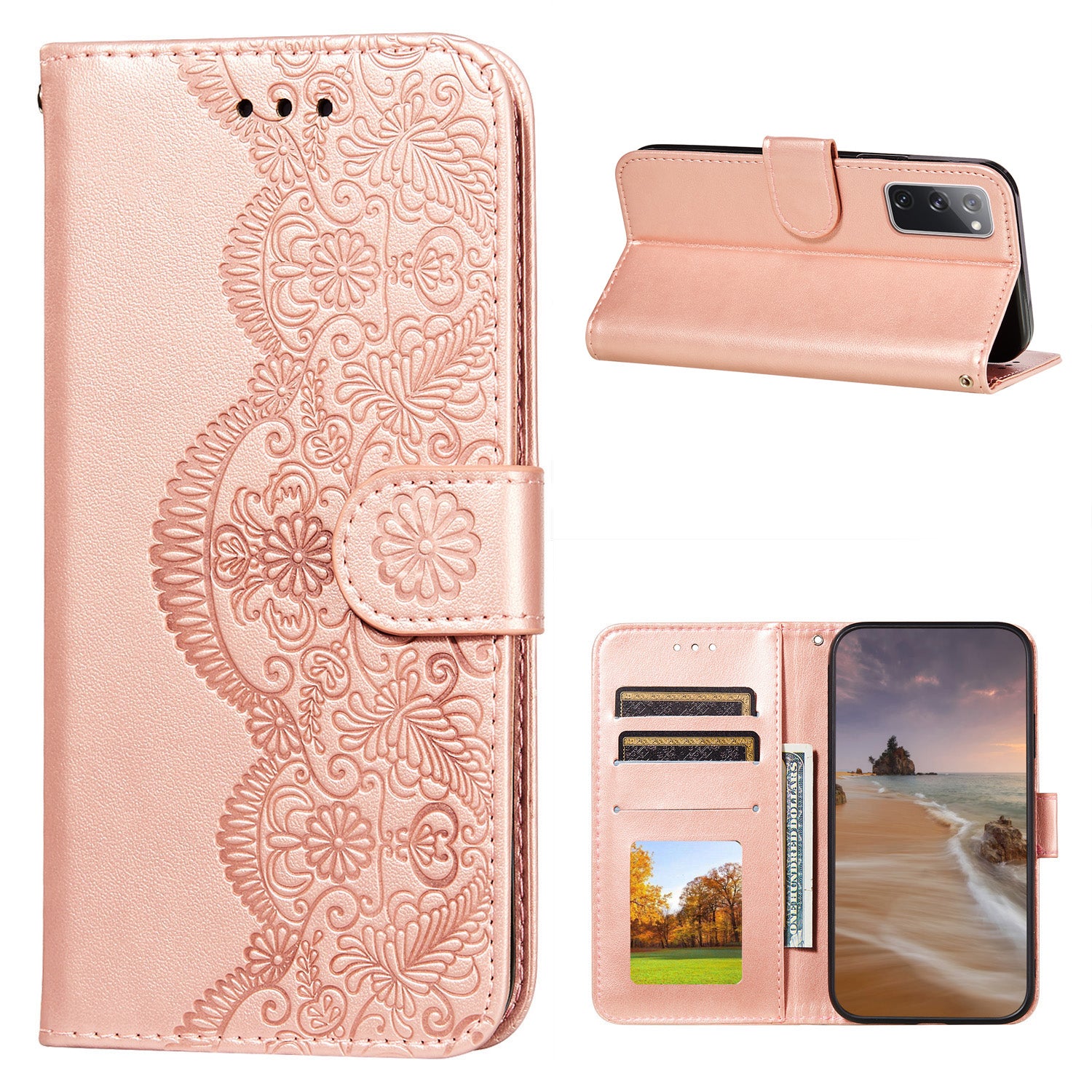 Drop-proof Imprinted Flower Vine Wallet Leather Case with Lanyard for Samsung Galaxy S20 FE 4G/FE 5G/S20 Lite/S20 FE 2022 - Rose Gold