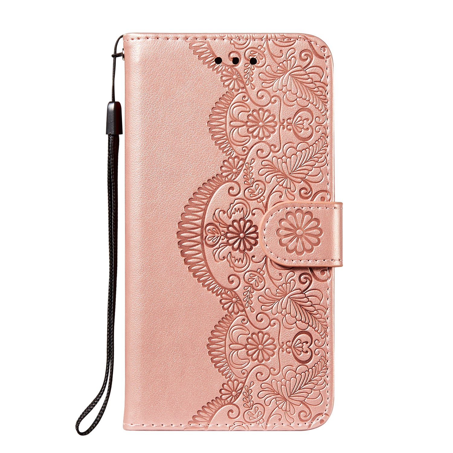 Drop-proof Imprinted Flower Vine Wallet Leather Case with Lanyard for Samsung Galaxy S20 FE 4G/FE 5G/S20 Lite/S20 FE 2022 - Rose Gold