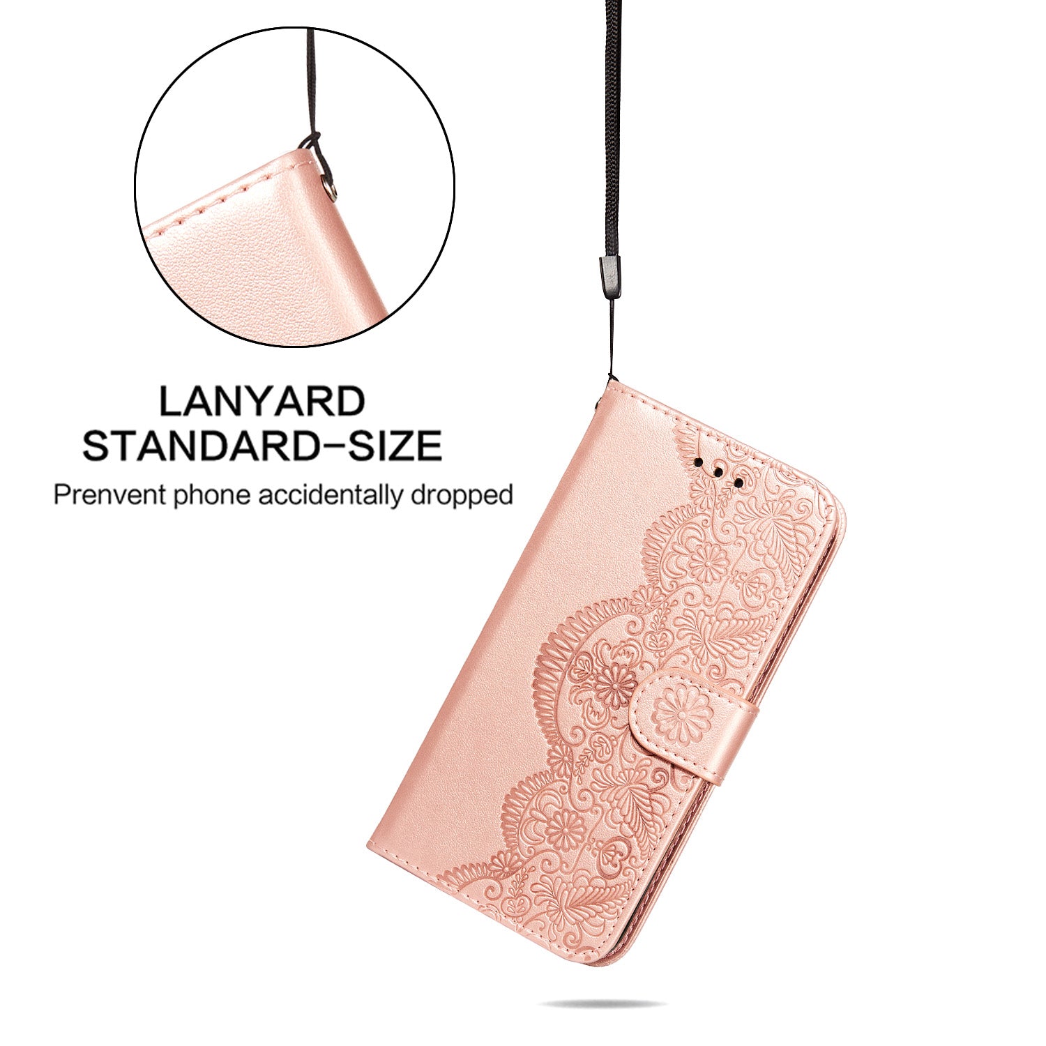 Drop-proof Imprinted Flower Vine Wallet Leather Case with Lanyard for Samsung Galaxy S20 FE 4G/FE 5G/S20 Lite/S20 FE 2022 - Rose Gold