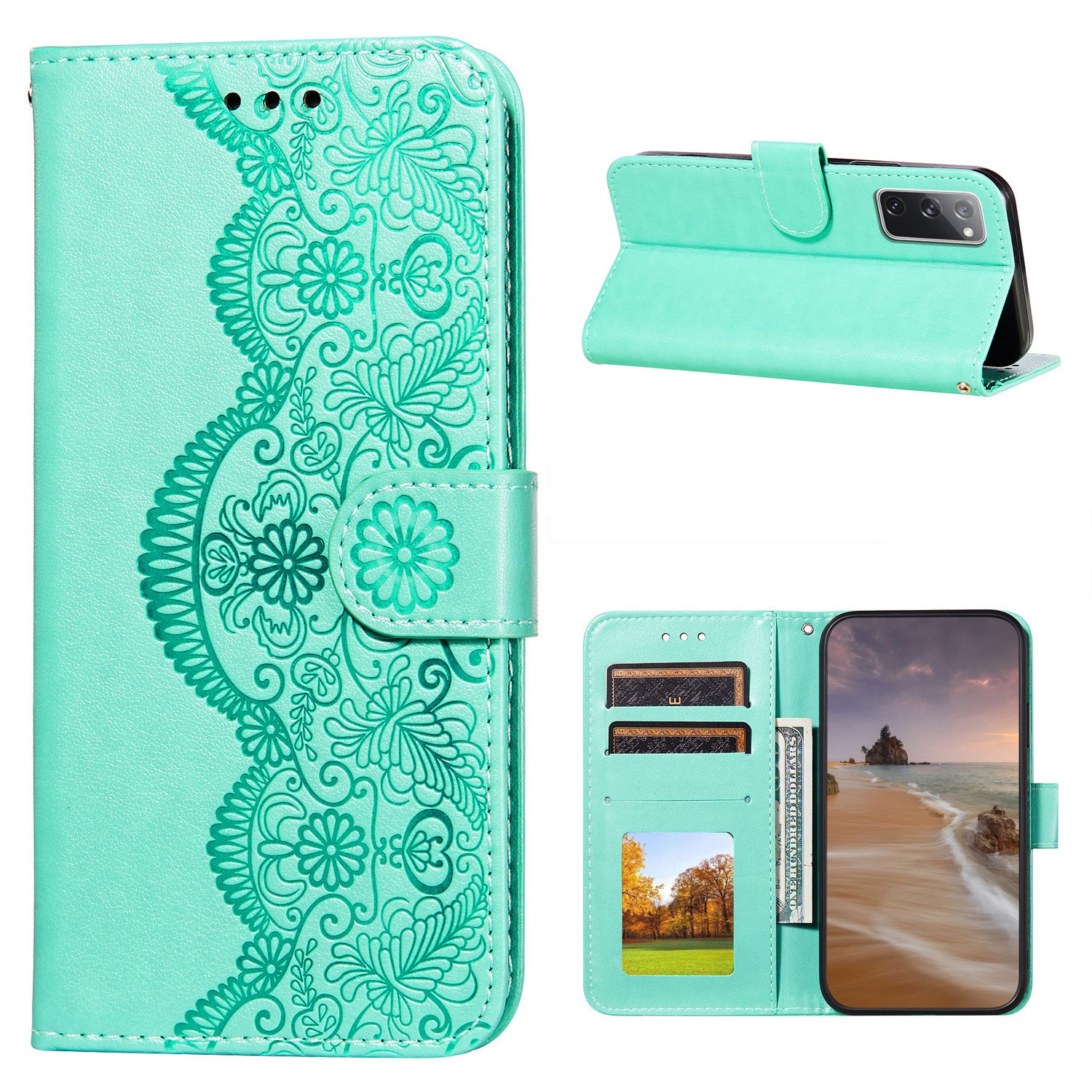 Drop-proof Imprinted Flower Vine Wallet Leather Case with Lanyard for Samsung Galaxy S20 FE 4G/FE 5G/S20 Lite/S20 FE 2022 - Green