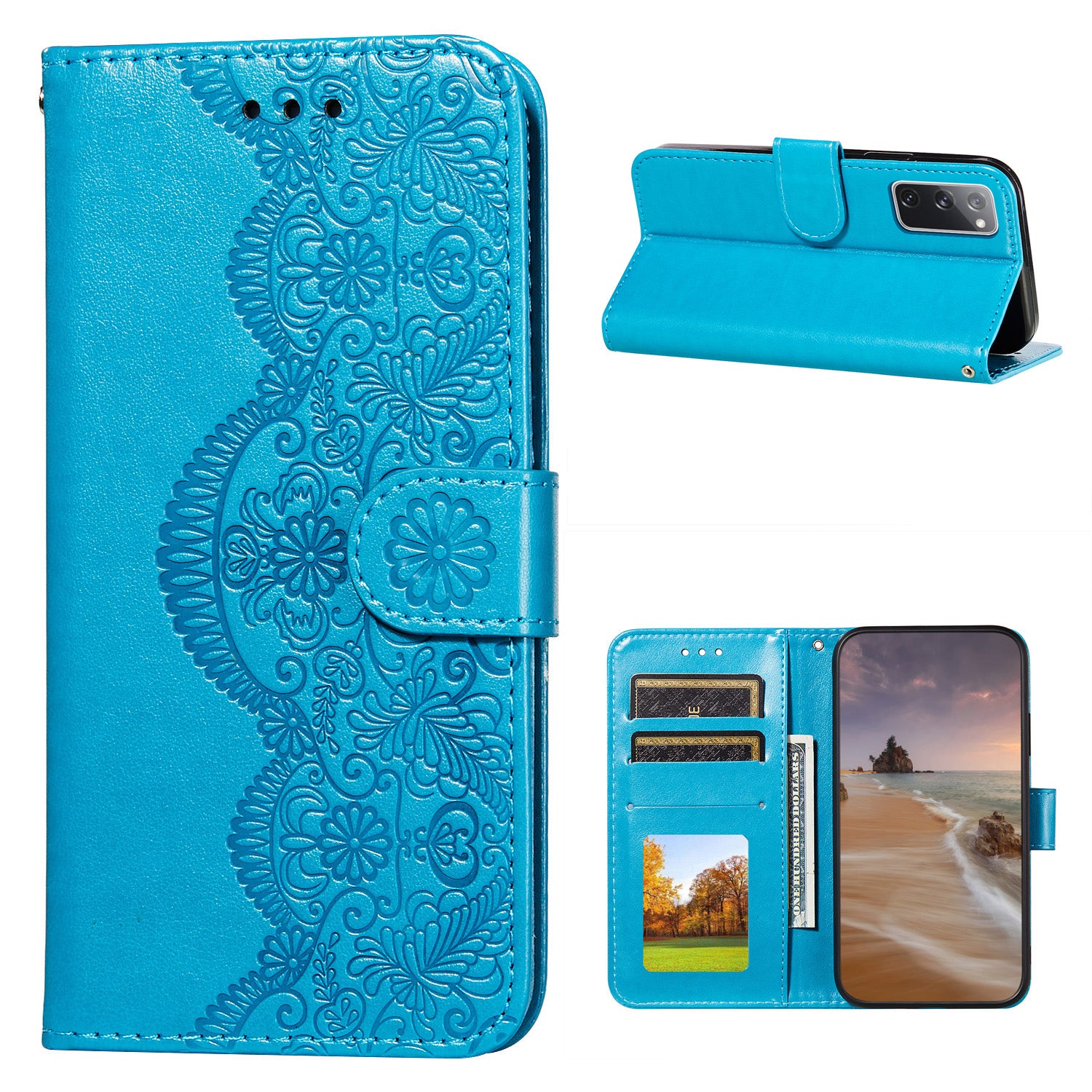 Drop-proof Imprinted Flower Vine Wallet Leather Case with Lanyard for Samsung Galaxy S20 FE 4G/FE 5G/S20 Lite/S20 FE 2022 - Blue