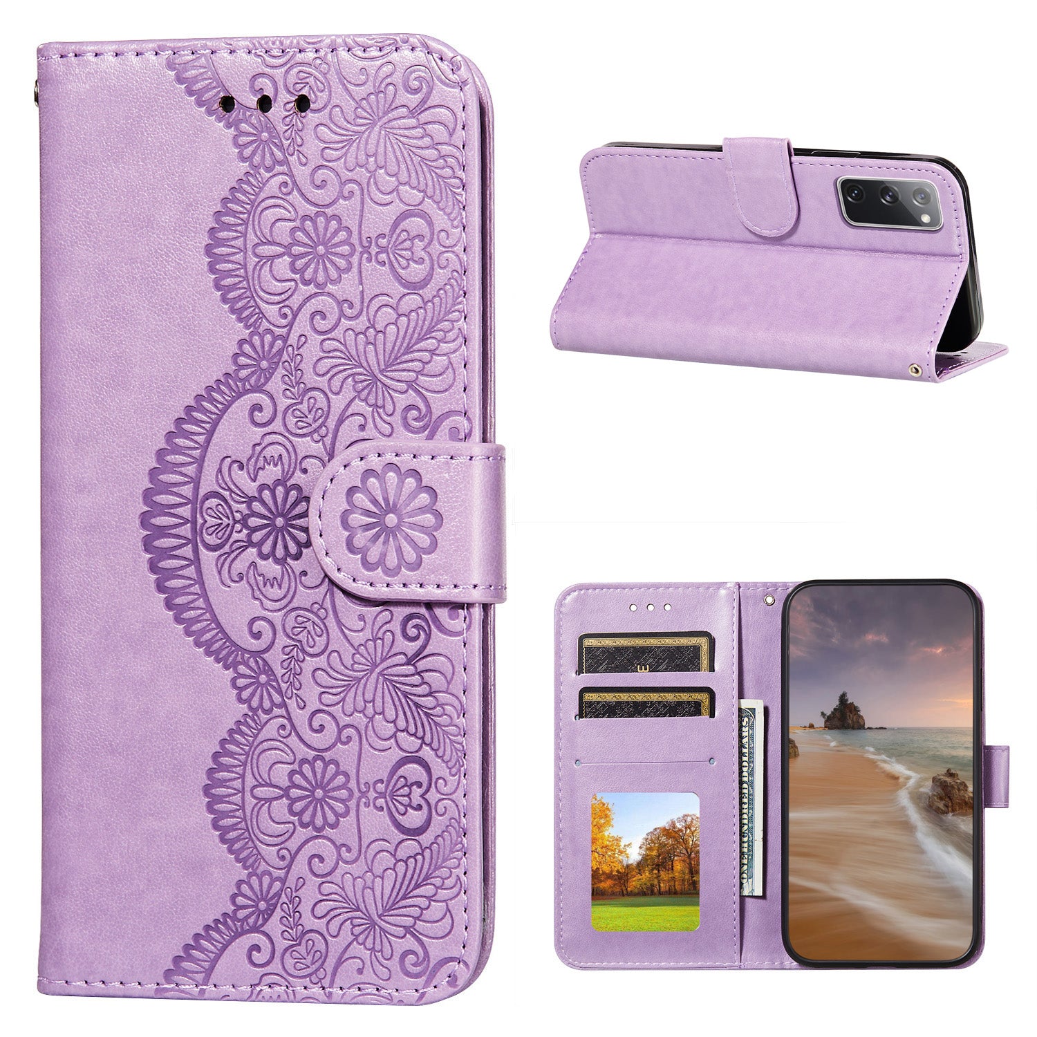 Drop-proof Imprinted Flower Vine Wallet Leather Case with Lanyard for Samsung Galaxy S20 FE 4G/FE 5G/S20 Lite/S20 FE 2022 - Purple