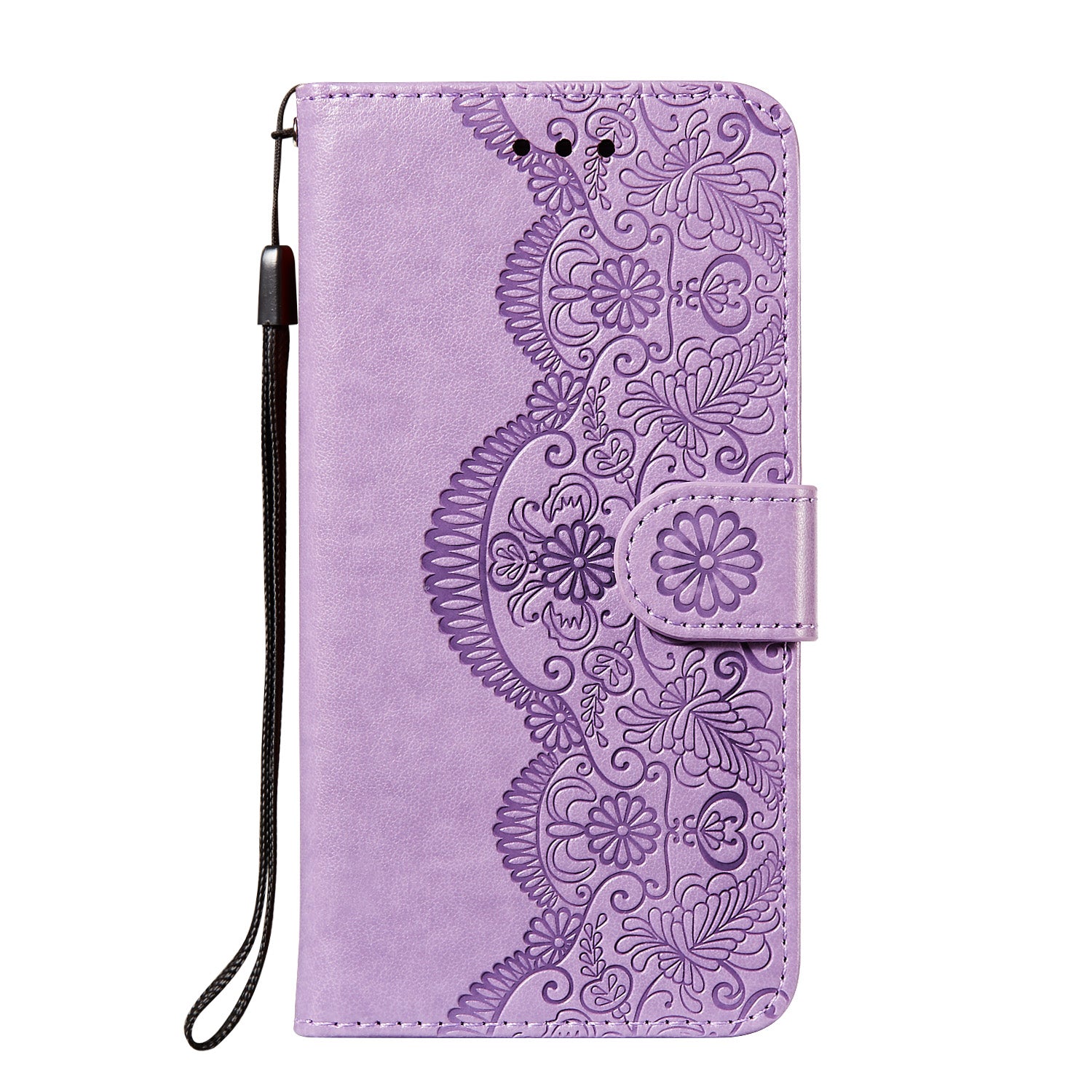 Drop-proof Imprinted Flower Vine Wallet Leather Case with Lanyard for Samsung Galaxy S20 FE 4G/FE 5G/S20 Lite/S20 FE 2022 - Purple