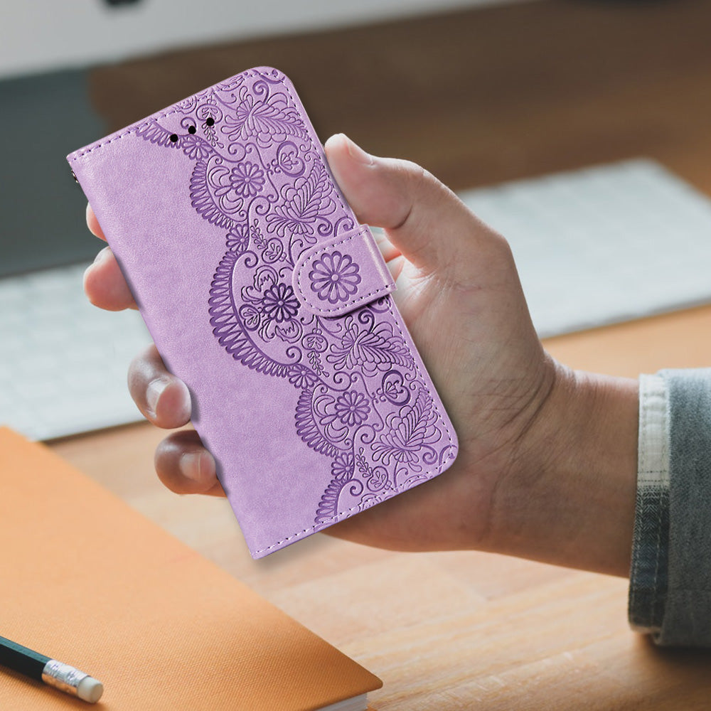 Drop-proof Imprinted Flower Vine Wallet Leather Case with Lanyard for Samsung Galaxy S20 FE 4G/FE 5G/S20 Lite/S20 FE 2022 - Purple