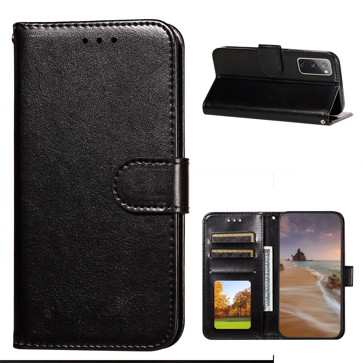 Dual-sided Magnetic Clasp Leather Wallet Stand Phone Case Shell for Samsung Galaxy S20 FE 4G/FE 5G/S20 Lite/S20 FE 2022  -  Black